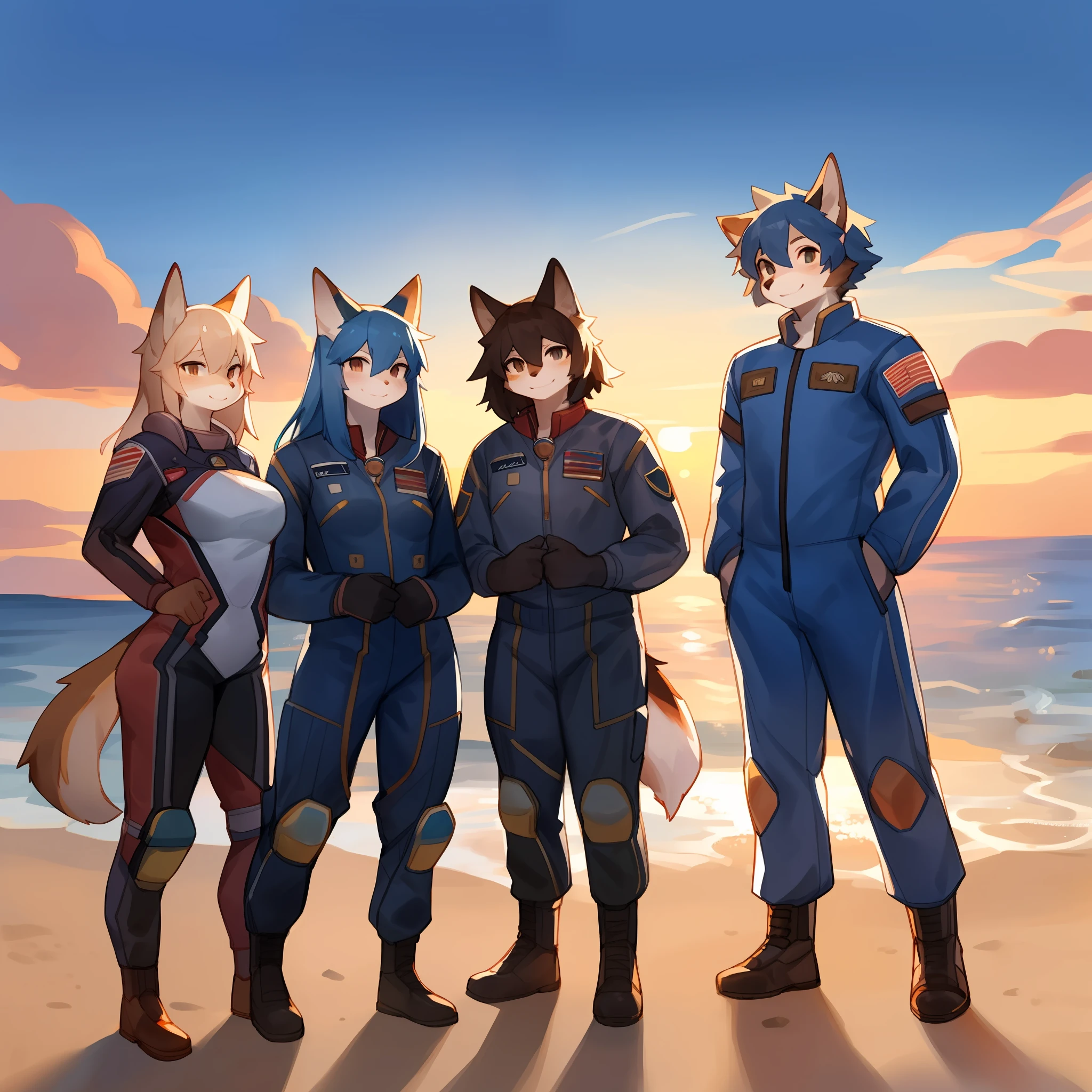 Group photo, female, military uniform, spacesuit, smiling, hair, a diverse cast of anthro characters standing on the beach, beach, sunset, waves, by bebebebebe