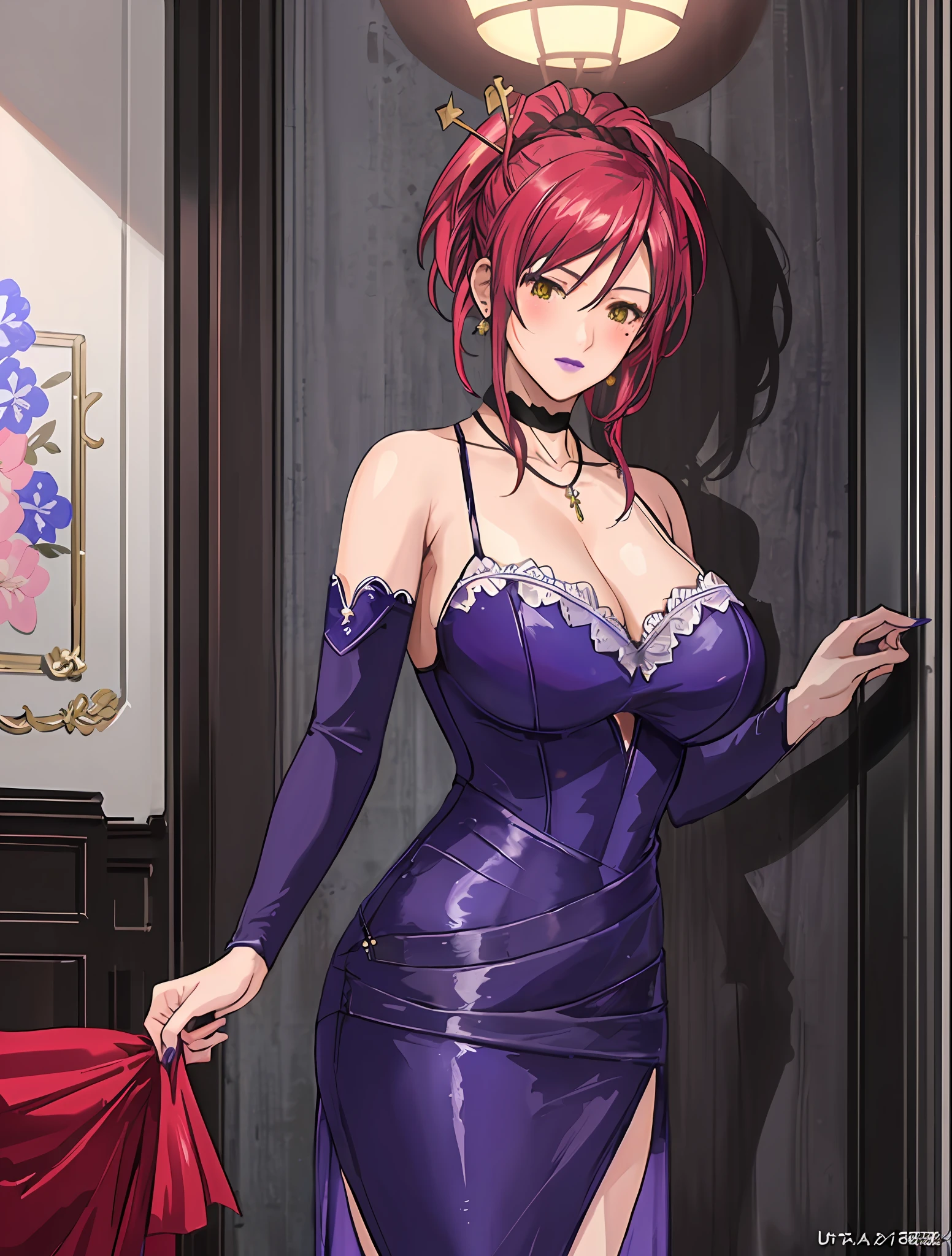 (Masterpiece, Best Quality, High Quality:1.4), professional artwork, Intricate Details, field of view, sharp focus, detailed painting, photorealistic lighting, trending on pixiv, (vivid lighting, vibrant colors:1.05), realistic shadows, ambient occlusion, by Takato Yamamoto
Marie Mamiya, mature female, milf, solo, (curvy:1.1), luxury room, (half body shot:1.1),
(red hair:1.05), hair ornament, lipstick, makeup, (mole under eye:0.9), choker, ultra detail hair, ultra detail face, (yellow eyes:1.05), perfect eyes, perfect face, earrings, (seductive look, blush:1.15),
(main dress:1.4), choker, bare shoulders, necklace, fingernails,
(Large Breasts:1.15), Cleavage,