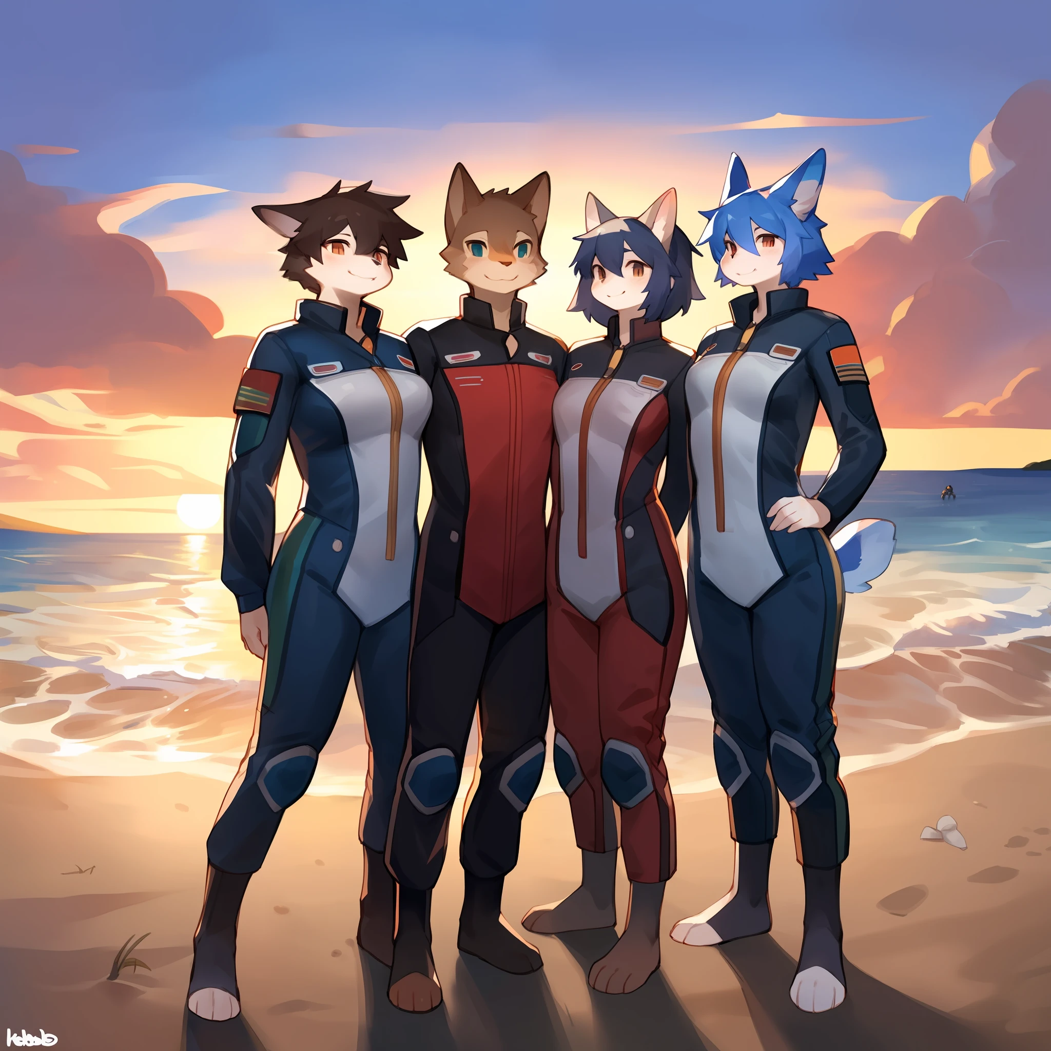 Group photo, female, military uniform, spacesuit, smiling, hair, a diverse cast of anthro characters standing on the beach, beach, sunset, waves, by bebebebebe