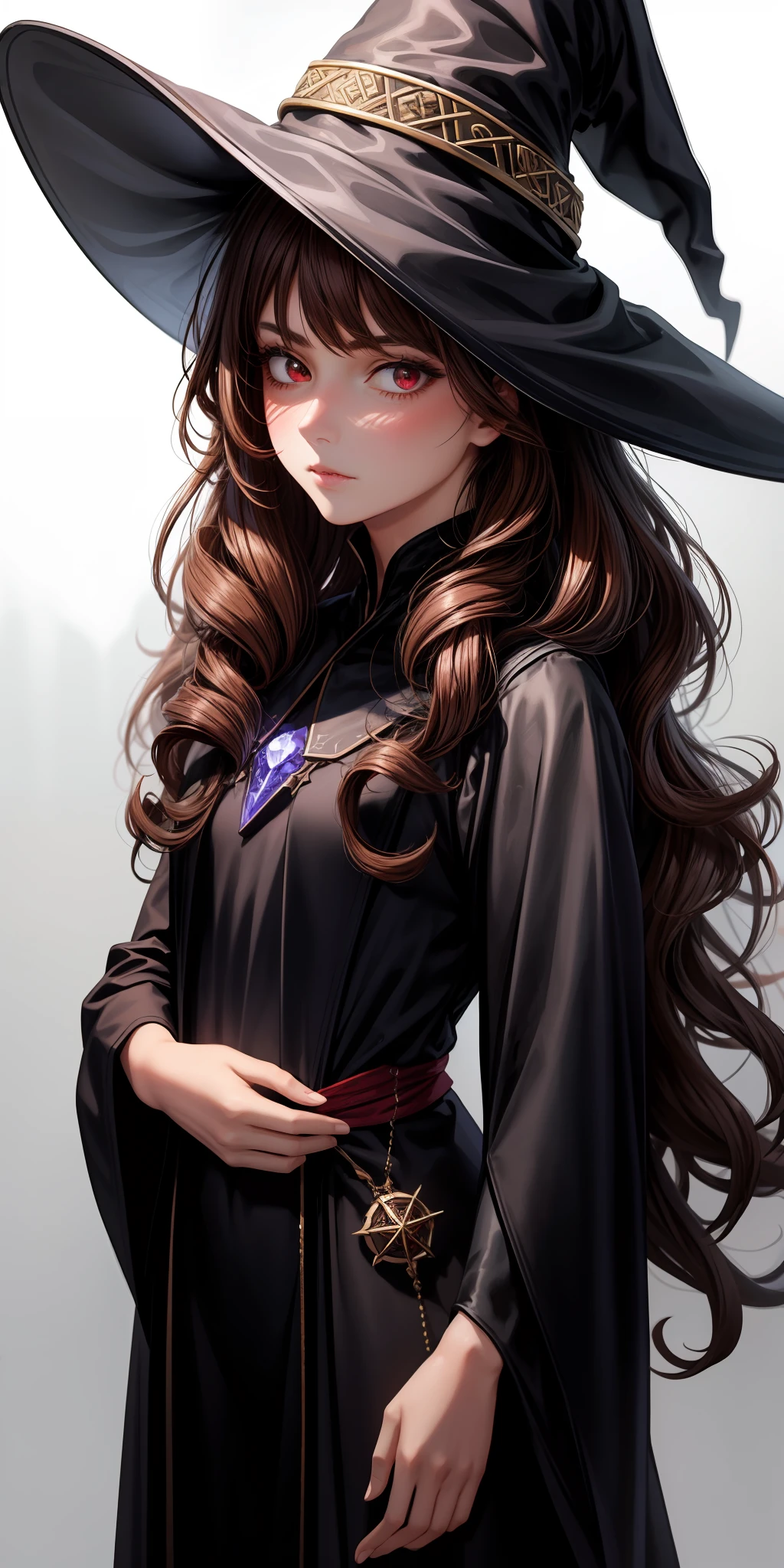 realistic, 1girl, brown hair, red irises, glowing red irises, red eye color, pouting, blush, invisible background, straight hair, long hair, curled ends of hair, curly strands end, straight hair in back, flat chested, black robes, witch clothes, black witch hat, black witch clothes, witch, fully clothed, (irises red), full witch robes, modest, portrait