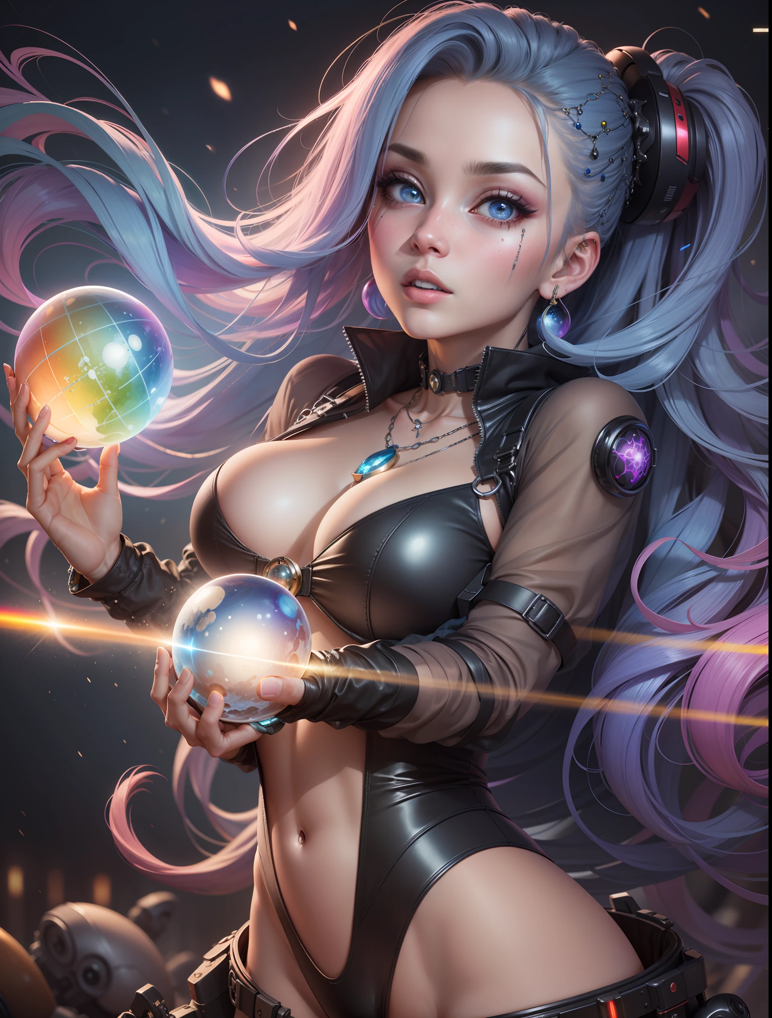 [[[Obra-Prima]]],Melhor qualidade FULL HD 8K,(extremamente detalhada CG unidade de parede 8k, obra-prima, melhor qualidade, destacada, garota com traje futurista,corpo inteiro close poderosa, adornos,intrincado, cabelos azul escuro, olhos multicoloridos, estilo cyberpunk, rainbowart, magia, mago, Magic sphere, pele de vidro, hanging jewelry, post apocalyptic scenario), 3D-rendering , dinamic angle,cosmic star ,heaven , Canon 105mm