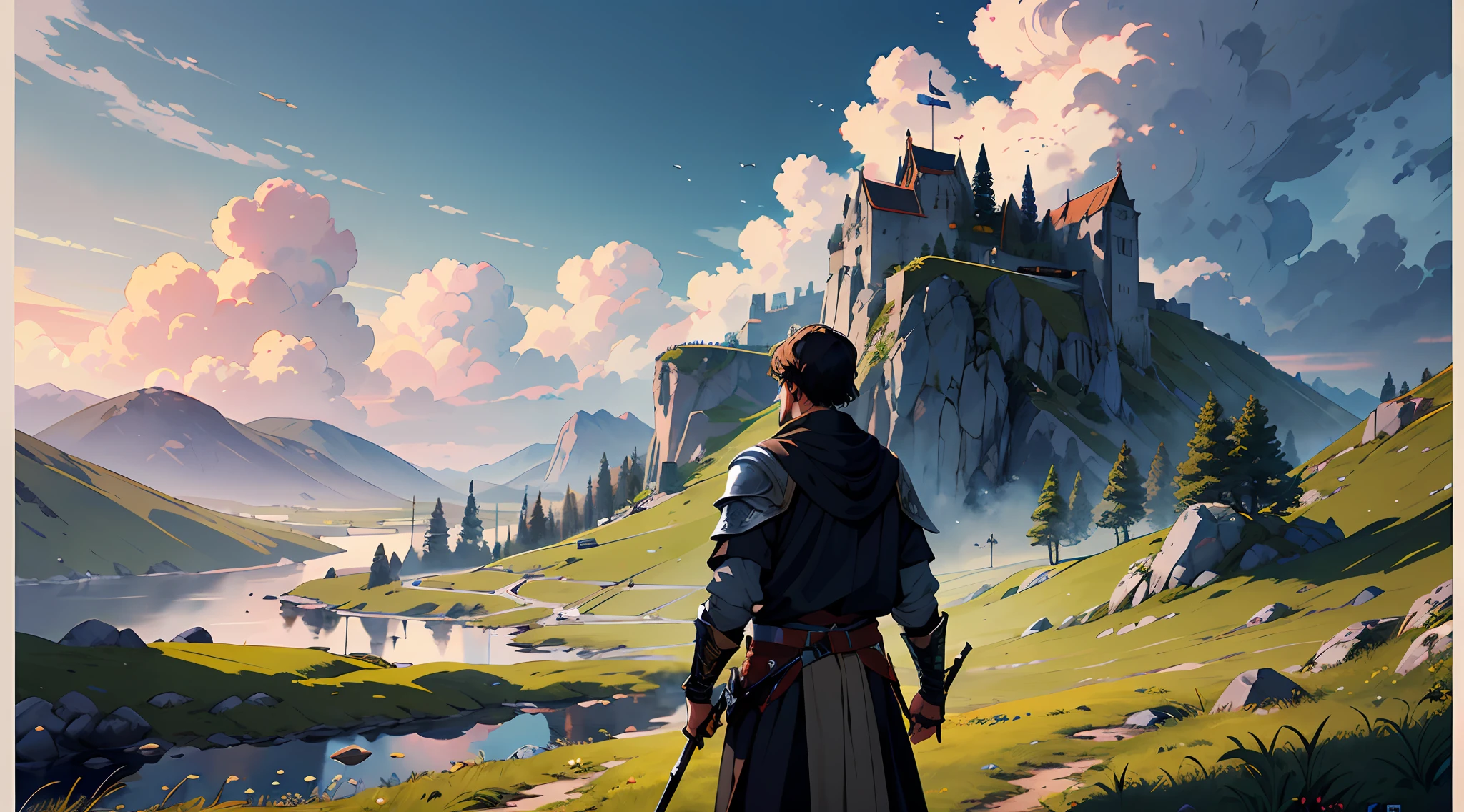 best image quality, work-piece, illustrator, (((solo))), high resolution, super detailed, ultra-detailed, a detailed illustration of a ruthless warrior, on a hill observing a medieval kingdom in the distance, wearing a sinister black armor, well done sky, detailed environment, (back view)