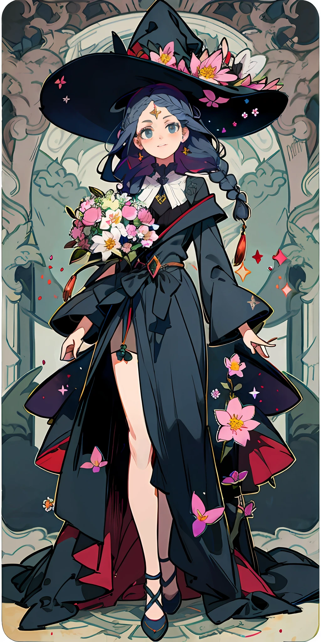 ((beautiful, masterpiece)), 1girl, witch, dark colors, ((full body)), flowers, spell, magic, (detailed face, beautiful face), braided hair,