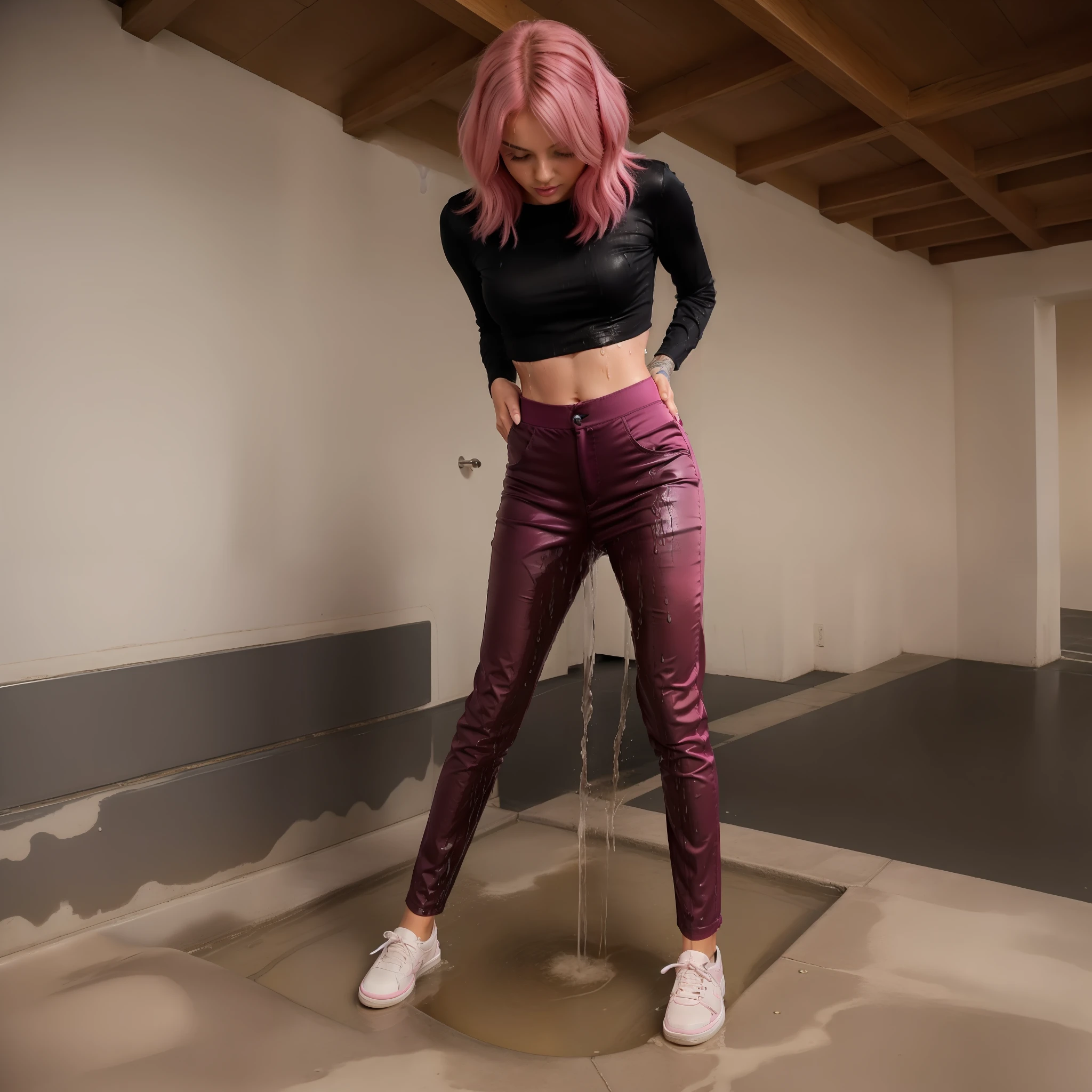 Girl with pink hair, Bob haircut, in tight cropped pink satin trousers, urinates in his pants, urine dripping down her legs, There is a wet spot on the pants in the sagging, She loves to pee in her pants, stands in a sexy position