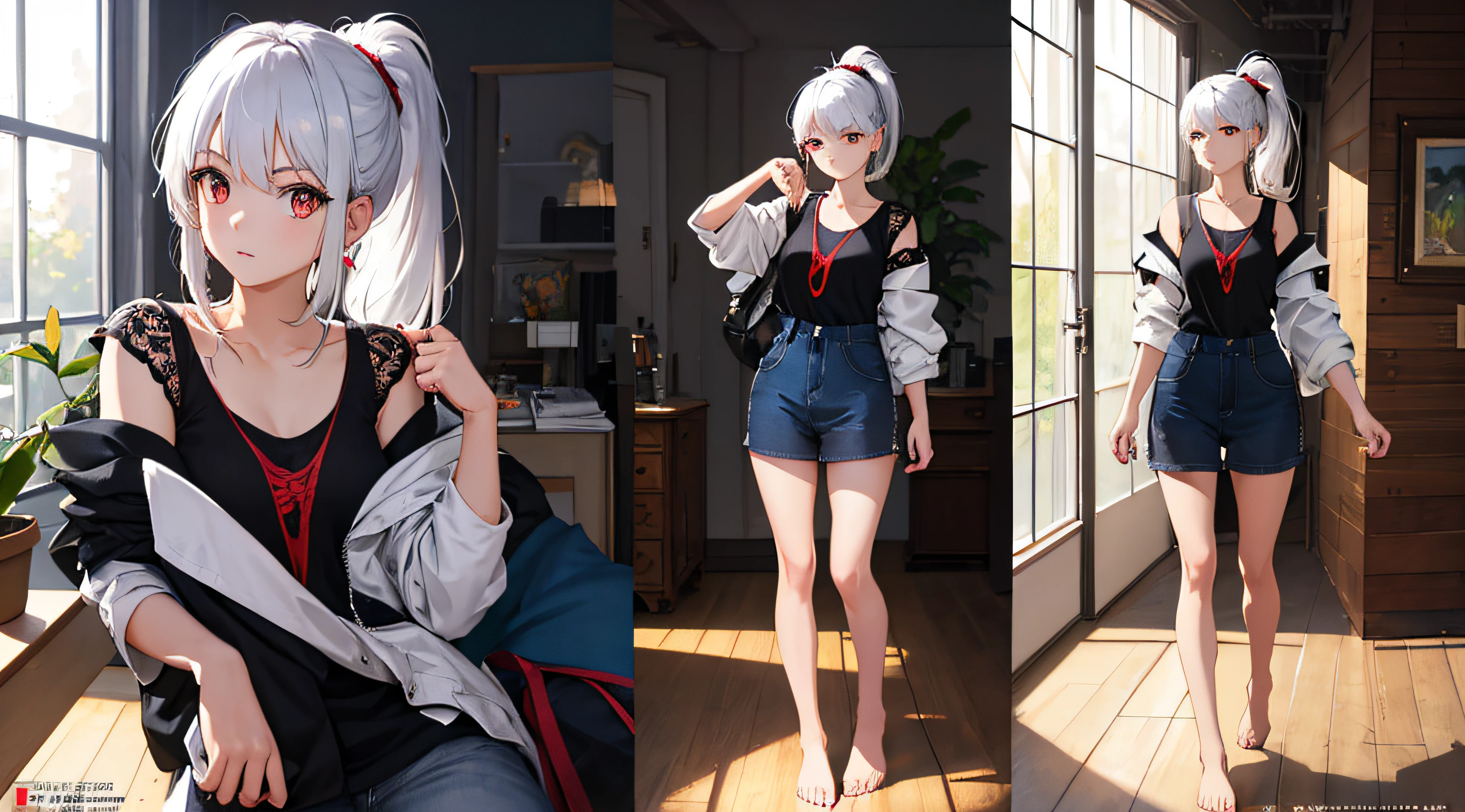 ((masterpiece))),(((best quality))),(((extremely detailed))),illustration, 1girl,solo,mysterious,vivid color,shiny, (white hair),(red eyes), full body,barefoot,ponytail hair, bedroom, badass, serious face, casual outfit, (((Box composition))), detailed eyes, hyper detailed, highly detailed, beautiful, small details, ultra detailed, best quality, intricate, 4k, 8k, good anatomy, best anatomy, beautiful lighting,