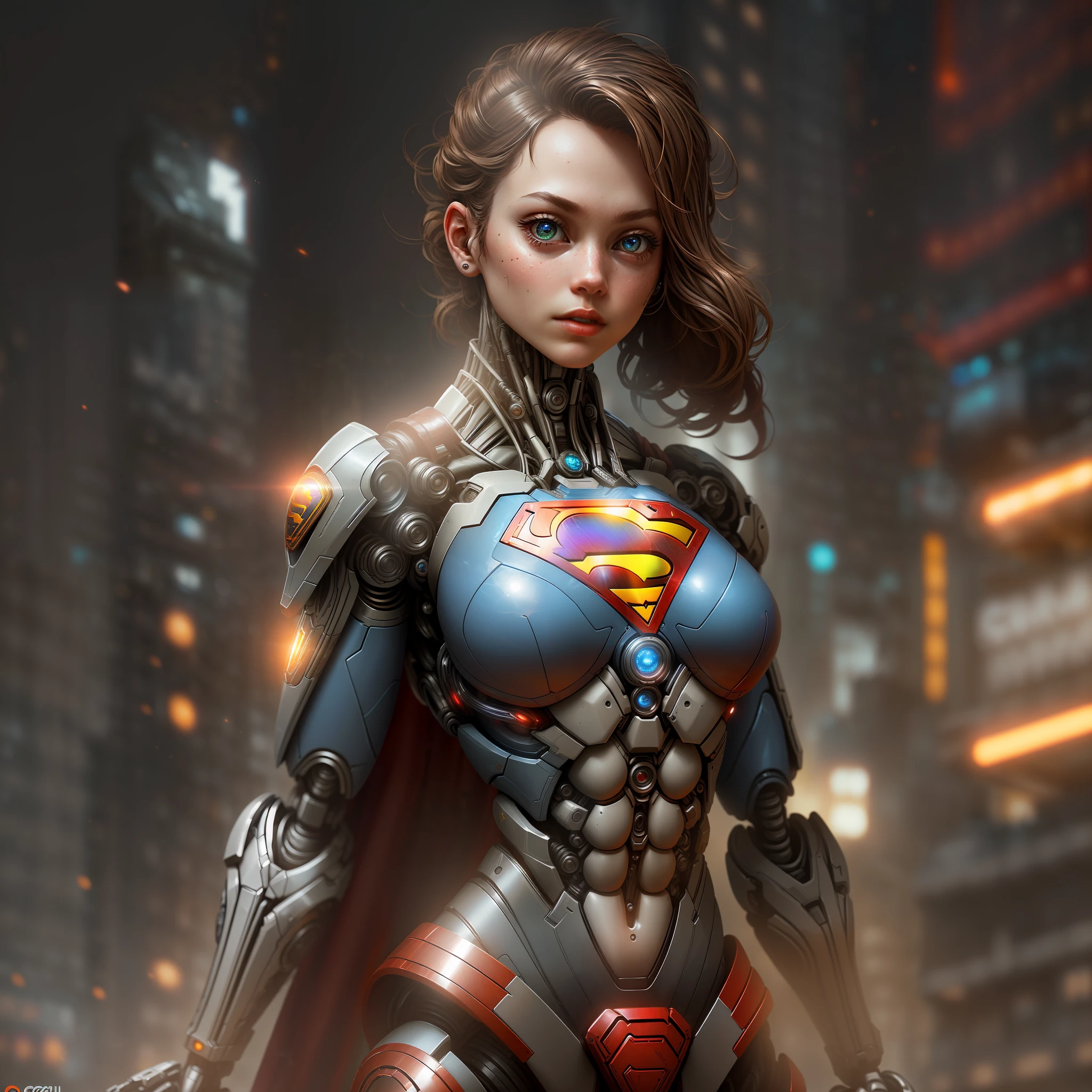 Supergirl from DC photography, biomechanical, complex robot, full growth, hyper-realistic, insane small details, extremely clean lines, cyberpunk aesthetic, masterpiece featured on Zbrush Central