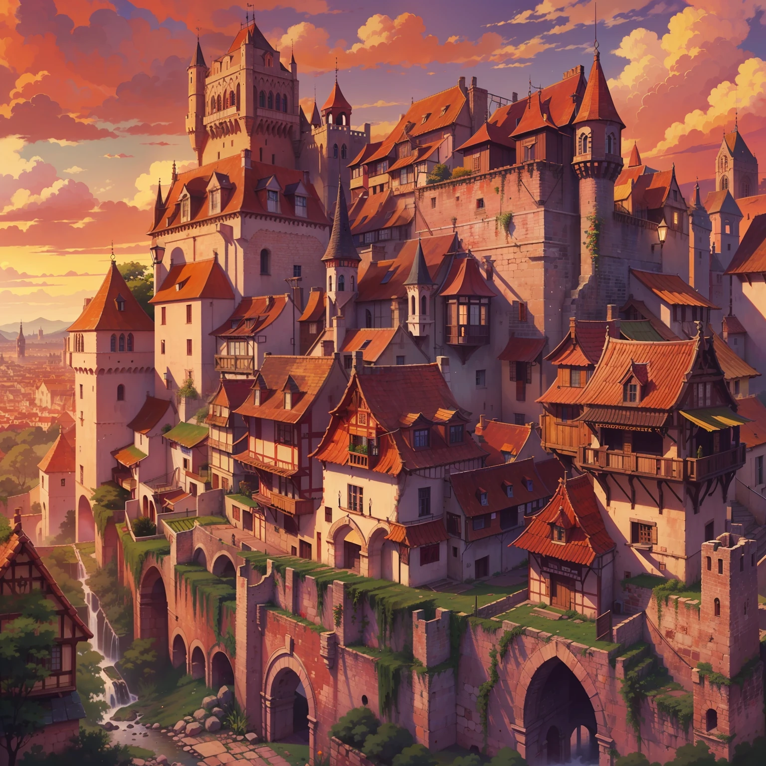 (obra-prima: 1.2, melhor qualidade), anime, (imagem anime, detalhes intrincados, profundidade de campo) Create an illustration of a medieval city, reddish sky, castelo ao fundo, cidade antiga, anoitecer