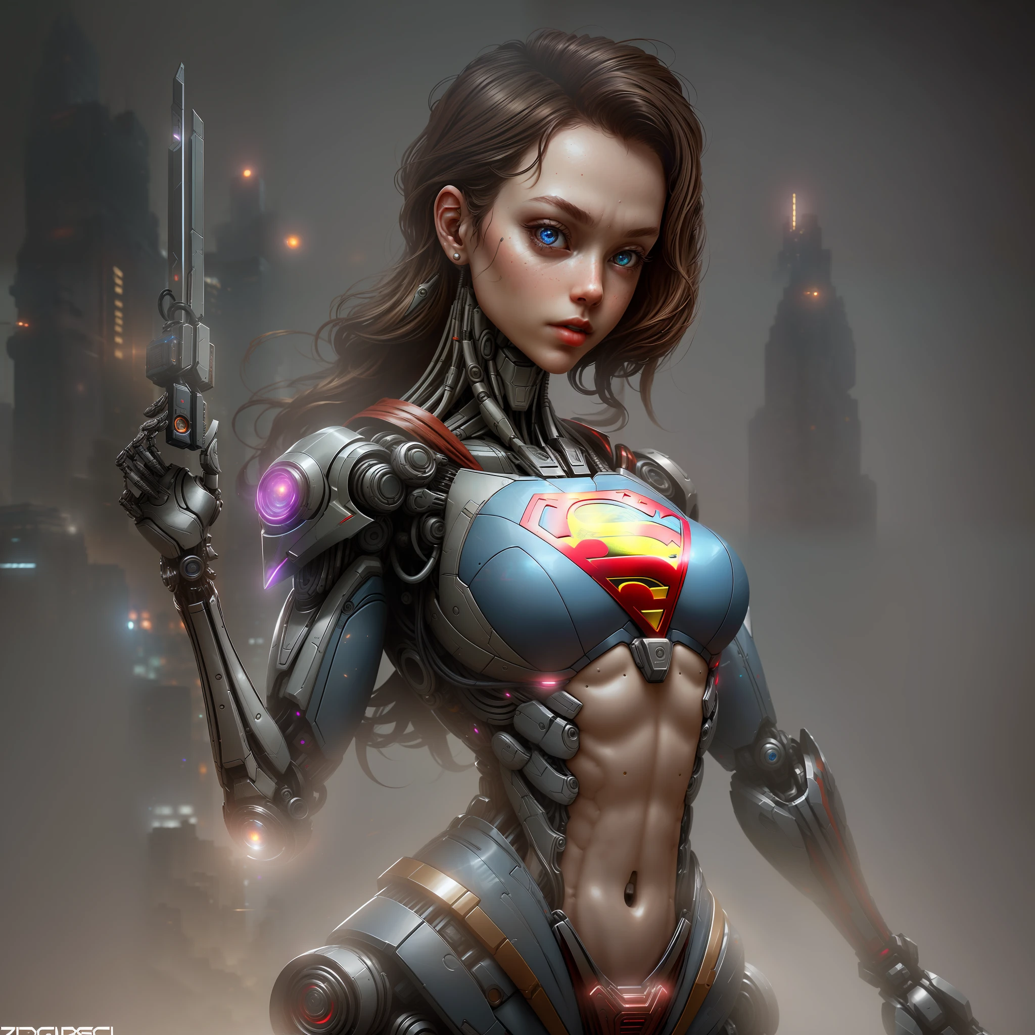Supergirl from DC photography, biomechanical, complex robot, full growth, hyper-realistic, insane small details, extremely clean lines, cyberpunk aesthetic, masterpiece featured on Zbrush Central
