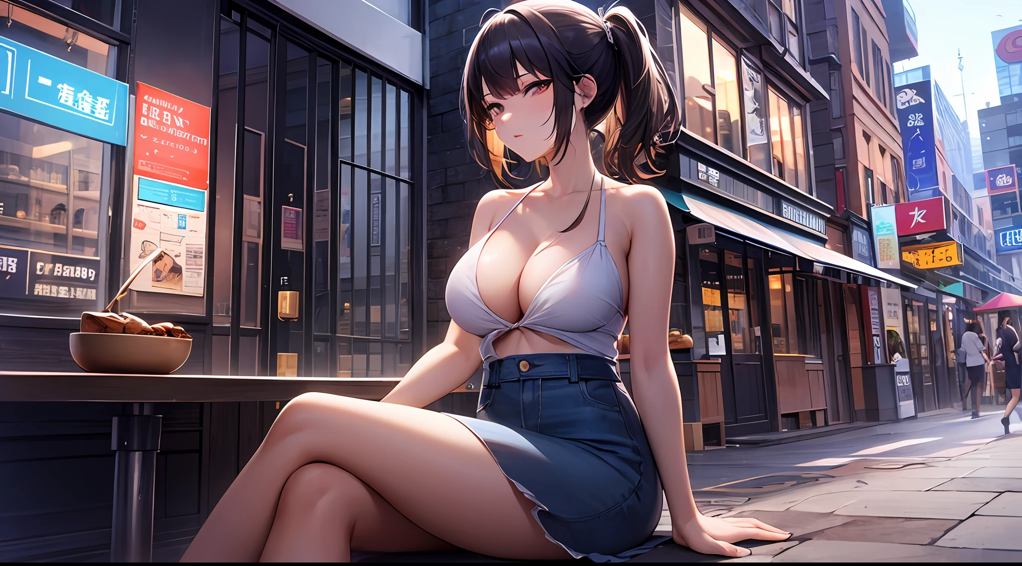 （（best qualtiy））， （（tmasterpiece））， （A detailed：1.4），（（full bodyesbian）），Enhanced dynamic perspective，beautiful sexy girl，夏天，Denim long skirt，Sitting in a street coffee shop，drinking a coffee，kawa，（Lunette de soleil），Come to me，（Future sci-fi city street，Egg-shaped building），（（Lateral face）），Street photography，Bright colors，nighttime scene，high qulity，super-fine，Detailed pubic hair，Accurate，Cinematic lighting，