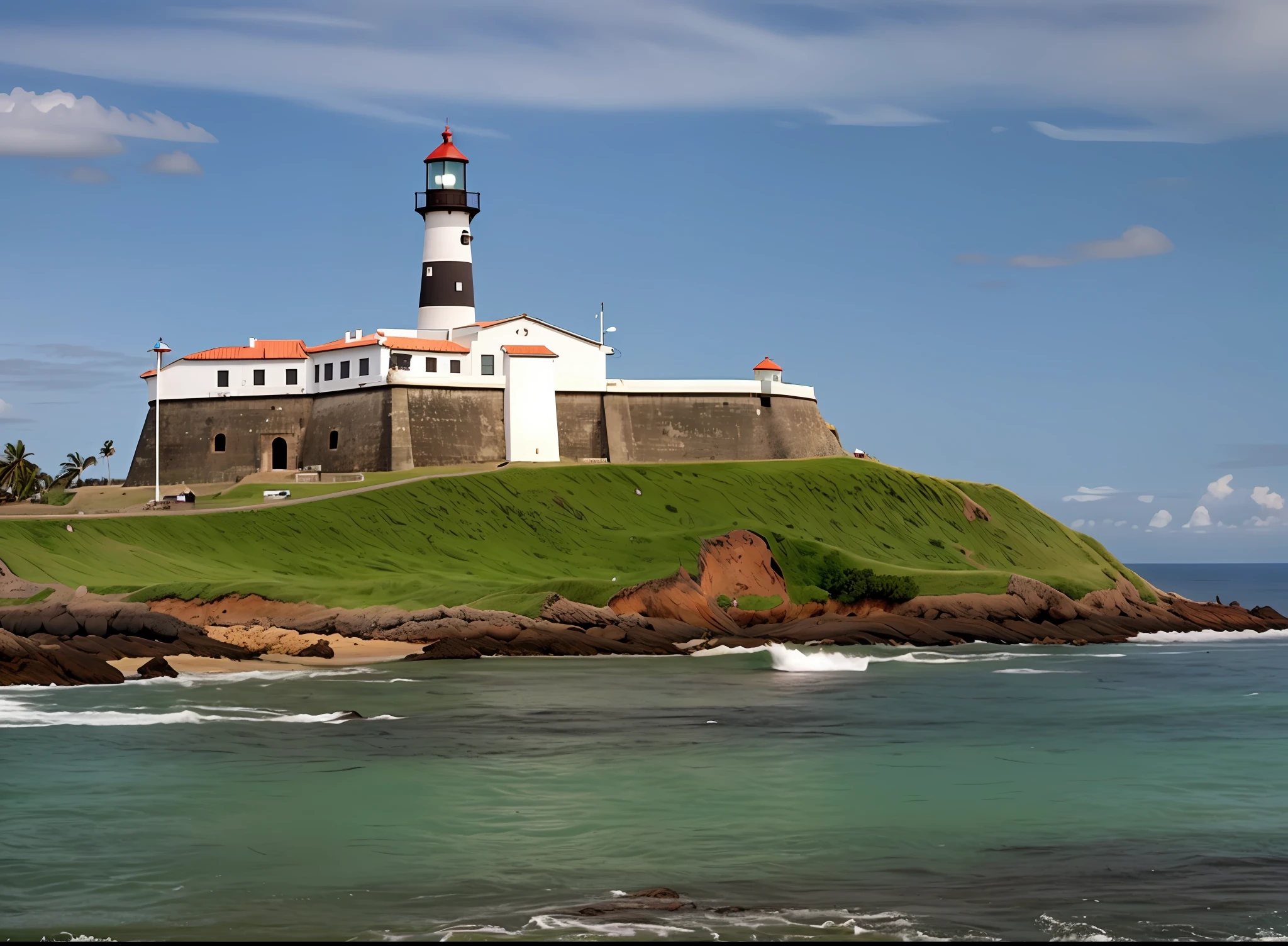 There is a lighthouse on a small island with a green hill, farol da barra, salvador, Porto Rico, Directed by: Fernando Gerassi, Directed by: Felipe Seade, farol, farol, Directed by: Xavier Blum Pinto, Directed by: Alexander Robertson, Malika Favre, imponente, Caroline Gariba, azores, Le Long, litoral, porta, by Rodolfo Amoedo