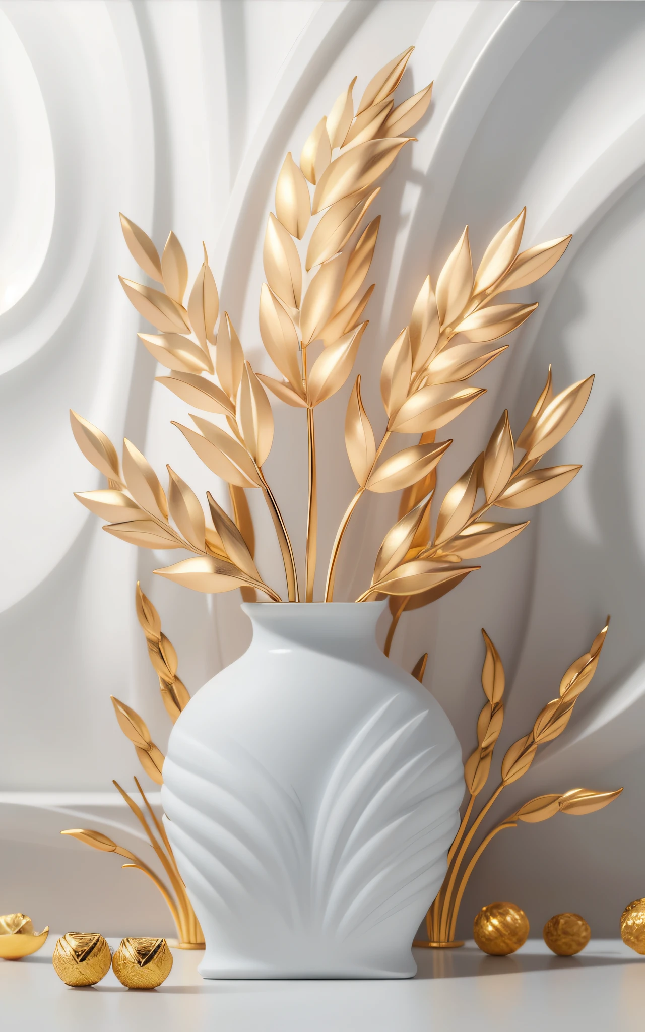 There is a vase with some wheat on a table, branco e dourado, ouro e branco, gold decoration, Art decoration, esquema de cores branco e dourado, Relevo dourado, prata, branco e ouro, delicado detalhamento golden stroke, flores de ouro, intrincados elementos dourados, dourado com ouro, toques de folha de ouro, arte da folha de ouro, Tesouros dourados nas paredes