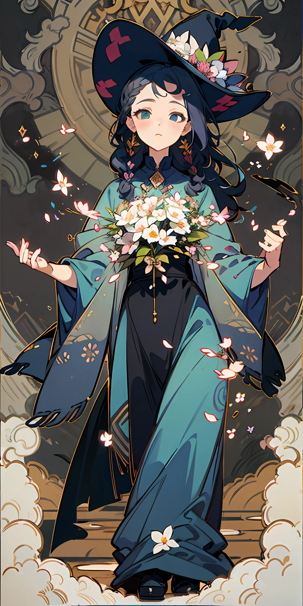 ((beautiful, masterpiece)), 1girl, witch, dark colors, ((full body)), flowers, spell, magic, (detailed face, beautiful face), braided hair,