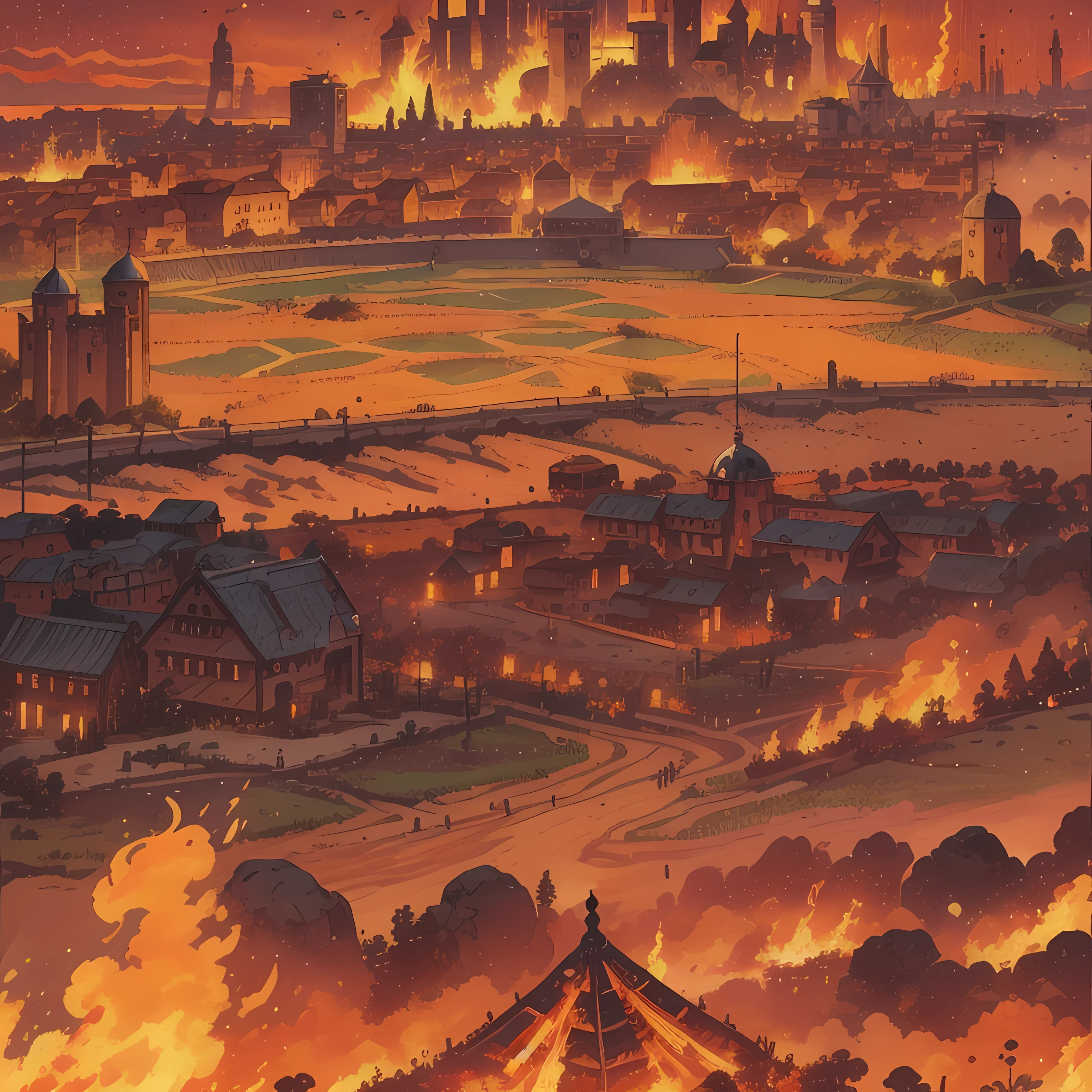 (obra-prima: 1.2, melhor qualidade), anime, (imagem anime, detalhes intrincados, profundidade de campo) Create an illustration of a medieval battlefield with red sky and raining fire arrows and surrounding an ancient city in the background
