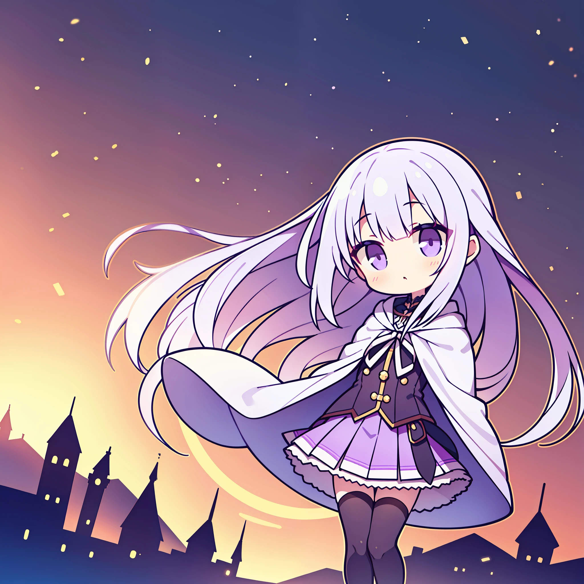1girll,long hair,Gradient hair from white to light purple,Light purple eyes,short skirt,Cloak,Light purple stockings