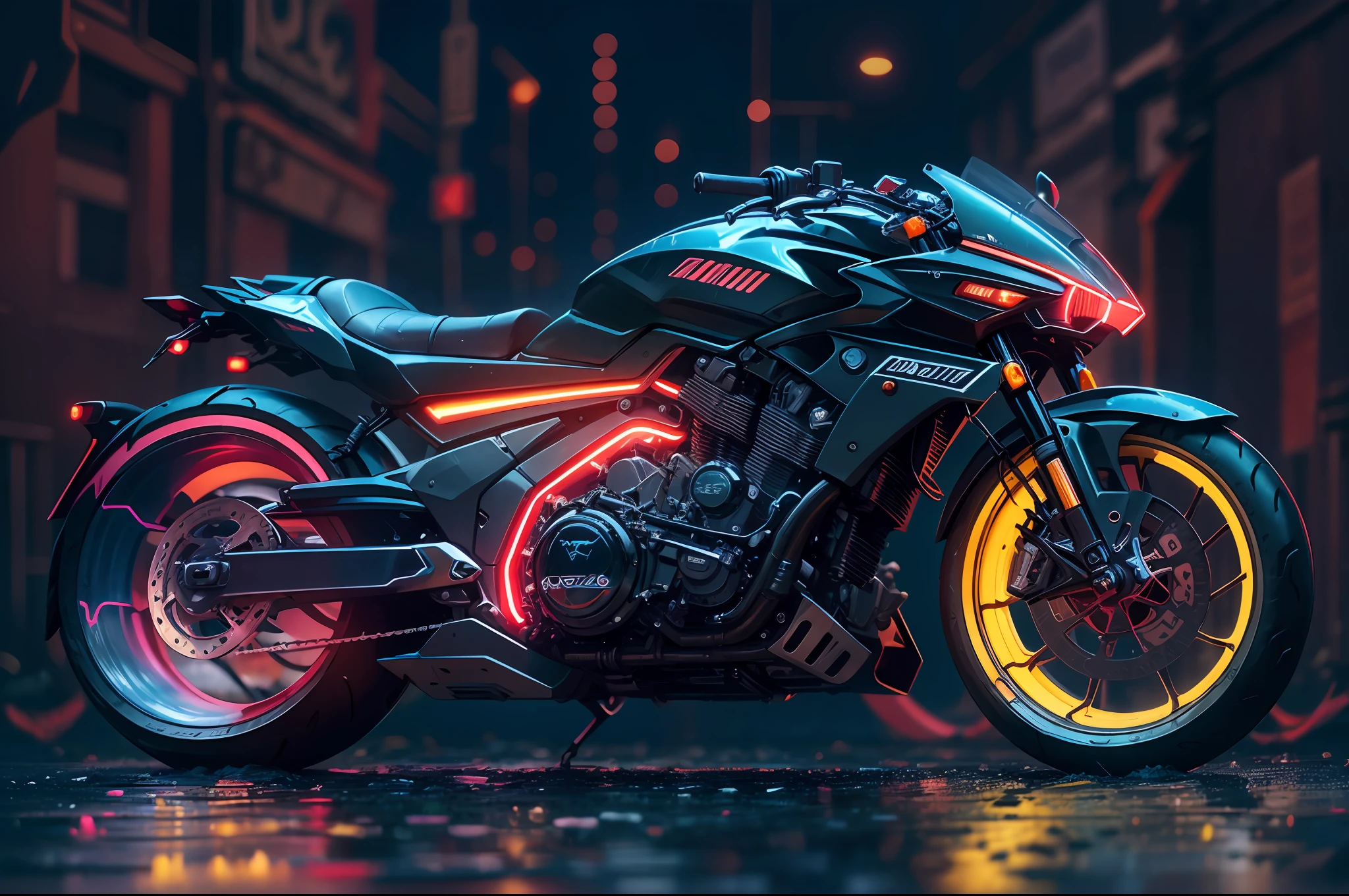 motorcycle, future, prototype, style of: 16k, Night metropolis in neon lights, Wet, cyberpunk art, acrylic art, (Realistic), dynamic, Without nations, Raw, ..SVG,