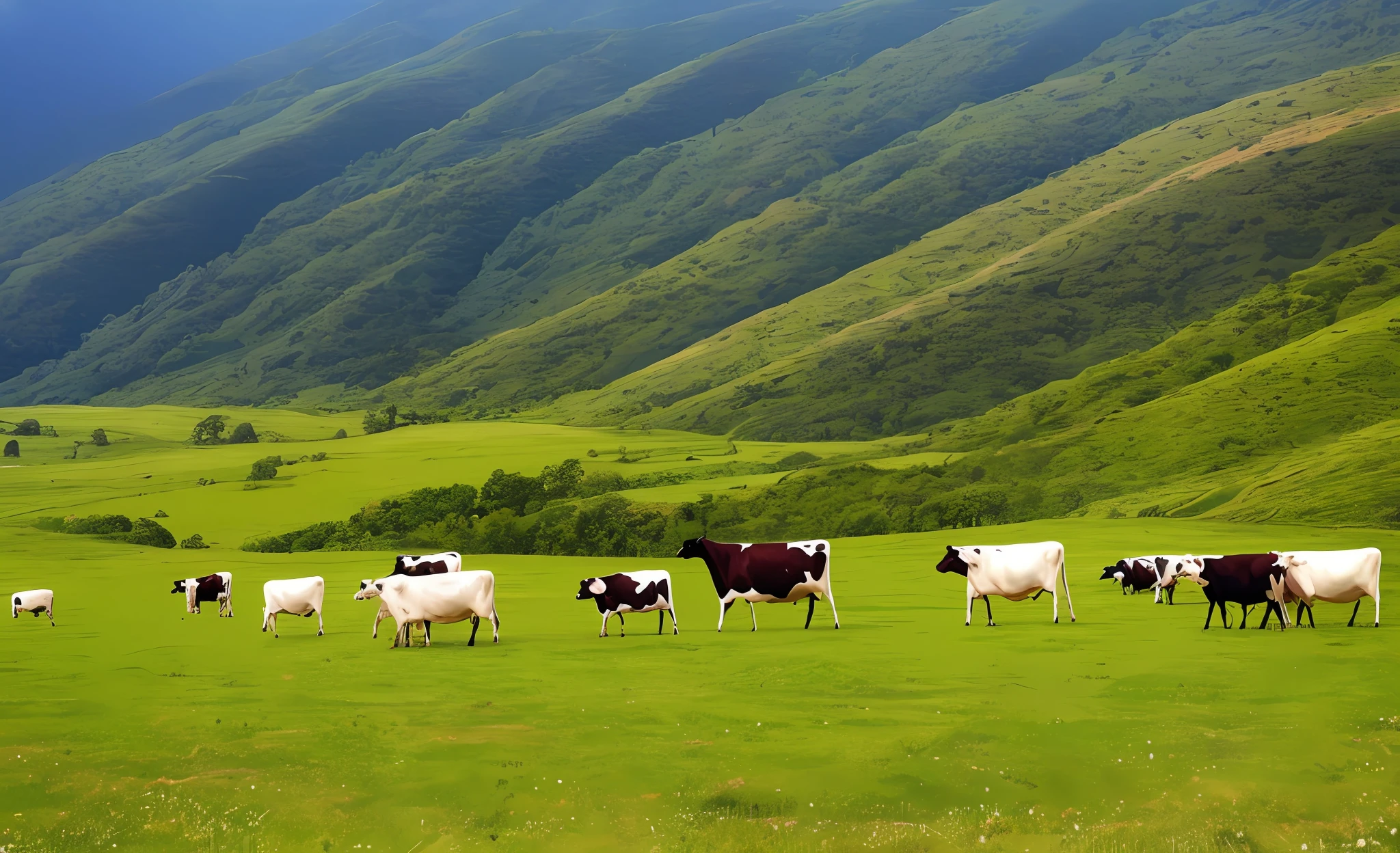 there are many cows grazing on a green hillside with mountains in the background, cinematic silk road lanscape, hills and mountains, rolling hills, landscape with red mountains, with rolling hills, flowing hills, 4 0 9 6, vivid landscape, in a vast serene landscape, an epic landscape, amazing landscape in background, a beautiful landscape, wide landscape, gigantic landscape!