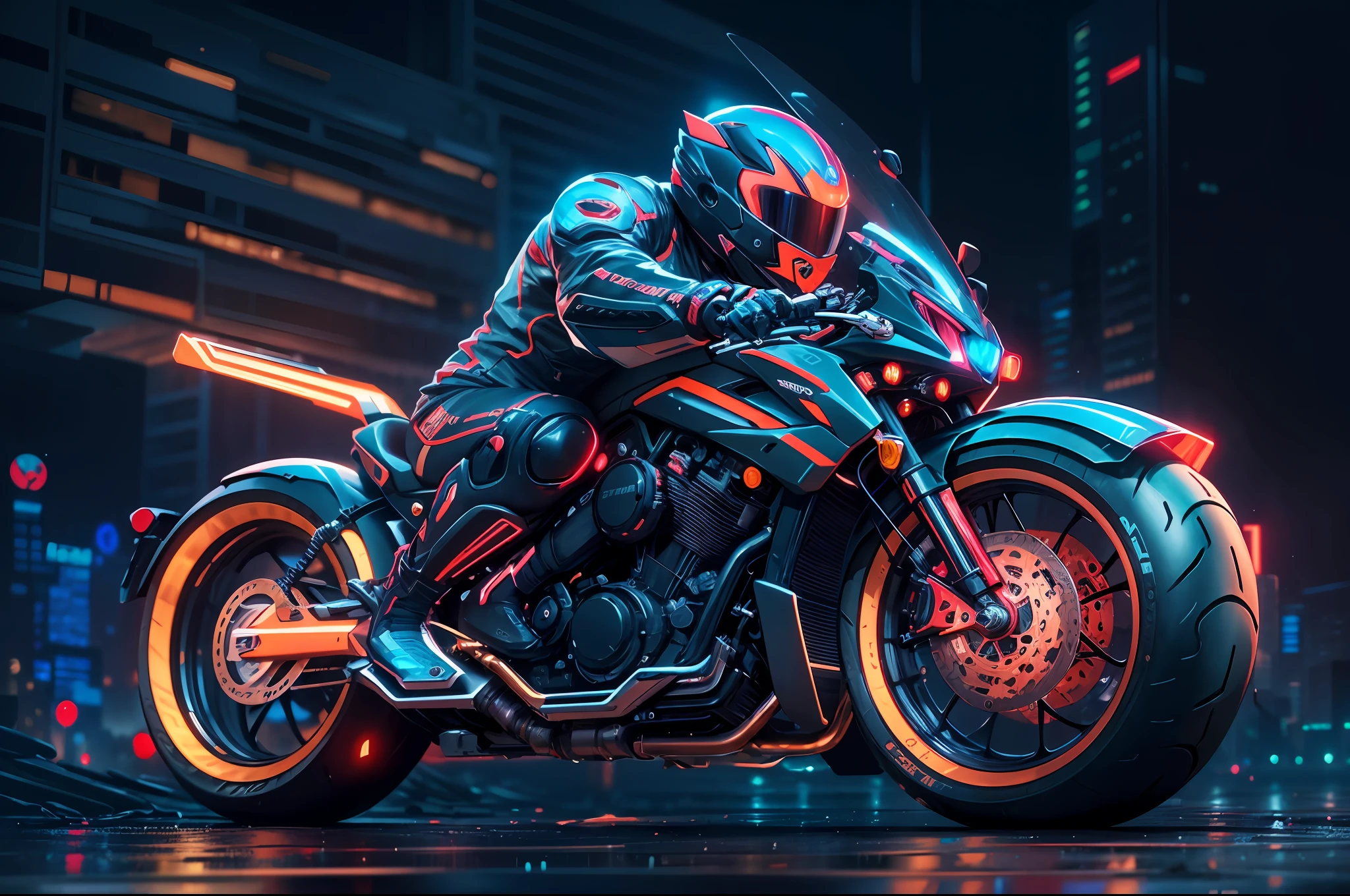 motorcycle, future, prototype, style of: 16k, Night metropolis in neon lights, Wet, cyberpunk art, acrylic art, (Realistic), dynamic, Without nations, Raw, ..SVG,