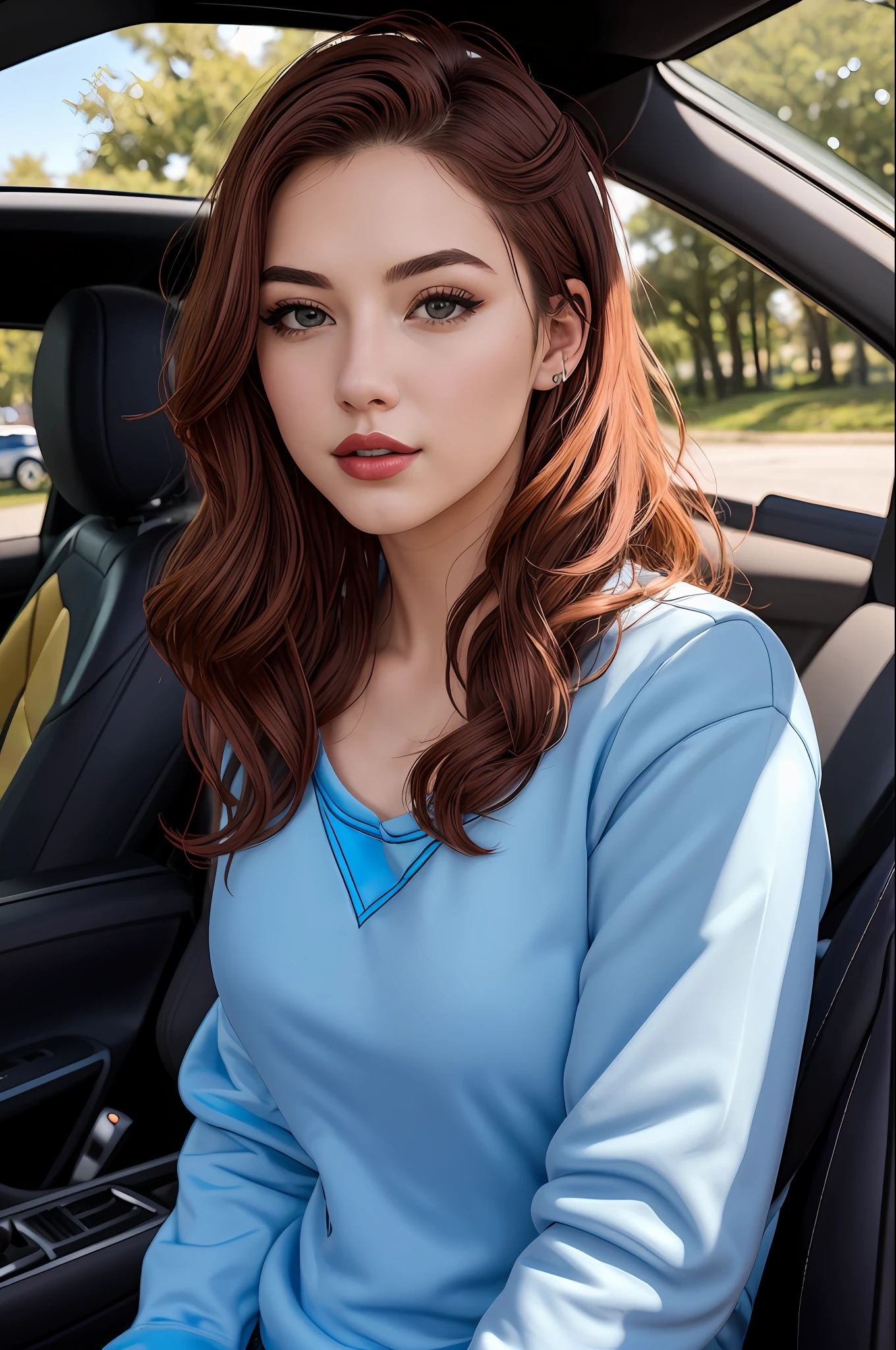 22 year old woman, 1girl, neckline, comic book style, style, illustration, lineart, RAW photo, a 22 year old girl, upper body, selfie in a car, blue sweatshirt, inside a car, driving, lipstick, soft lighting, high quality, high resolution, sharp focus, extremely detailed, (sunlight on the face), beautiful detailed eyes, masterpiece, cinematic lighting, dslr, Fujifilm XT3