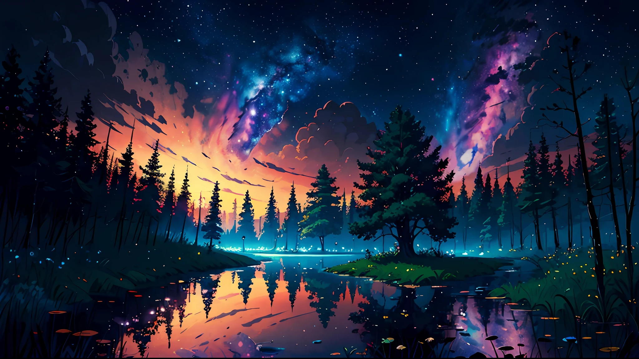 illustration, cartoon, soothing tones, calm colors, (anime), (illustration), cartoon, detailed, masterpiece, beautiful landscape, forest, pond, pathway,night, nebula, starry sky, 8k, best quality, dark shot, detailed