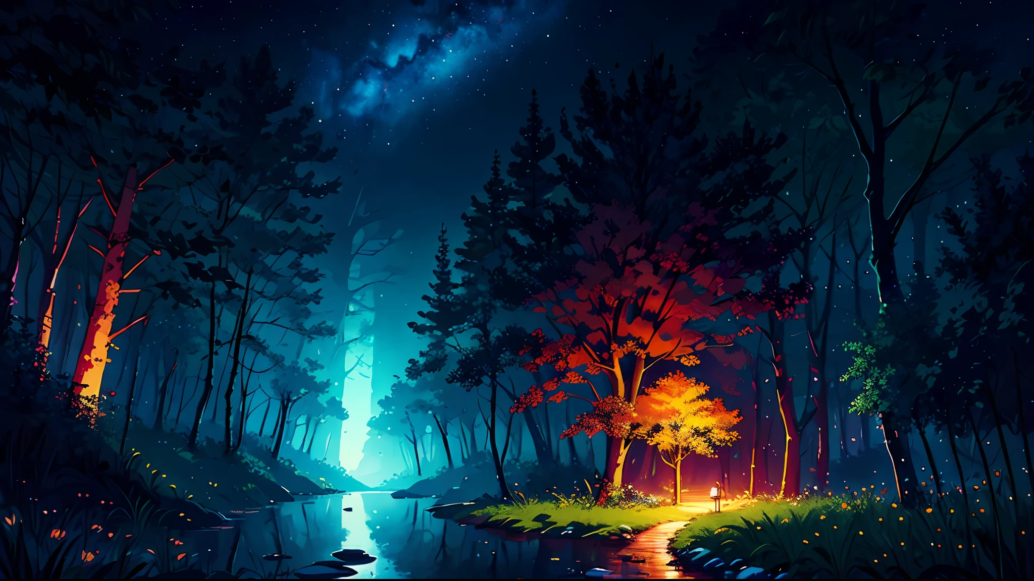 illustration, cartoon, soothing tones, calm colors, (anime), (illustration), cartoon, detailed, masterpiece, beautiful landscape, forest, pond, pathway,night, nebula, starry sky, 8k, best quality, dark shot, detailed