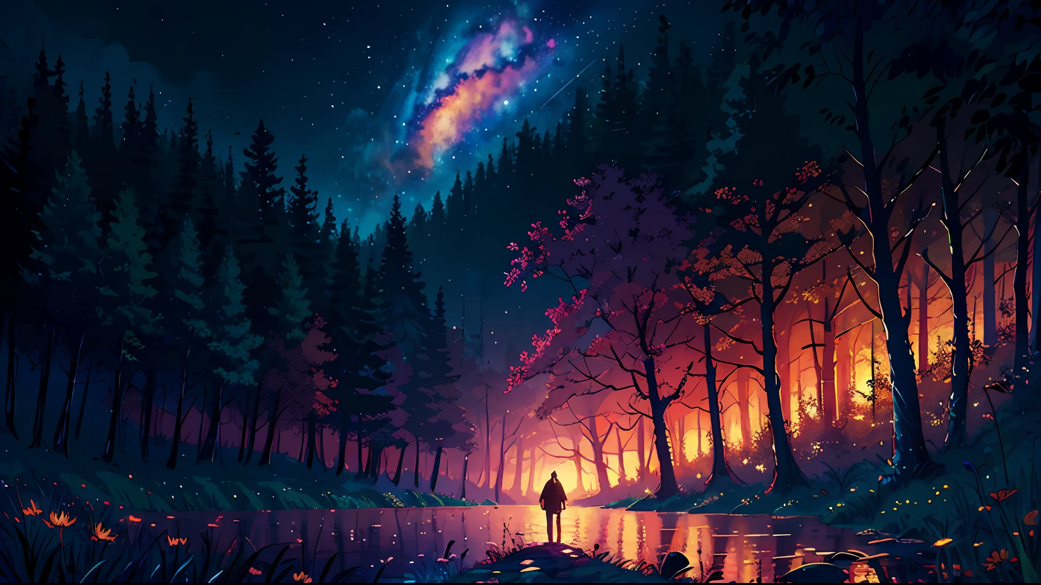 illustration, cartoon, soothing tones, calm colors, (anime), (illustration), cartoon, detailed, masterpiece, beautiful landscape, forest, pond, pathway,night, nebula, starry sky, 8k, best quality, dark shot, detailed