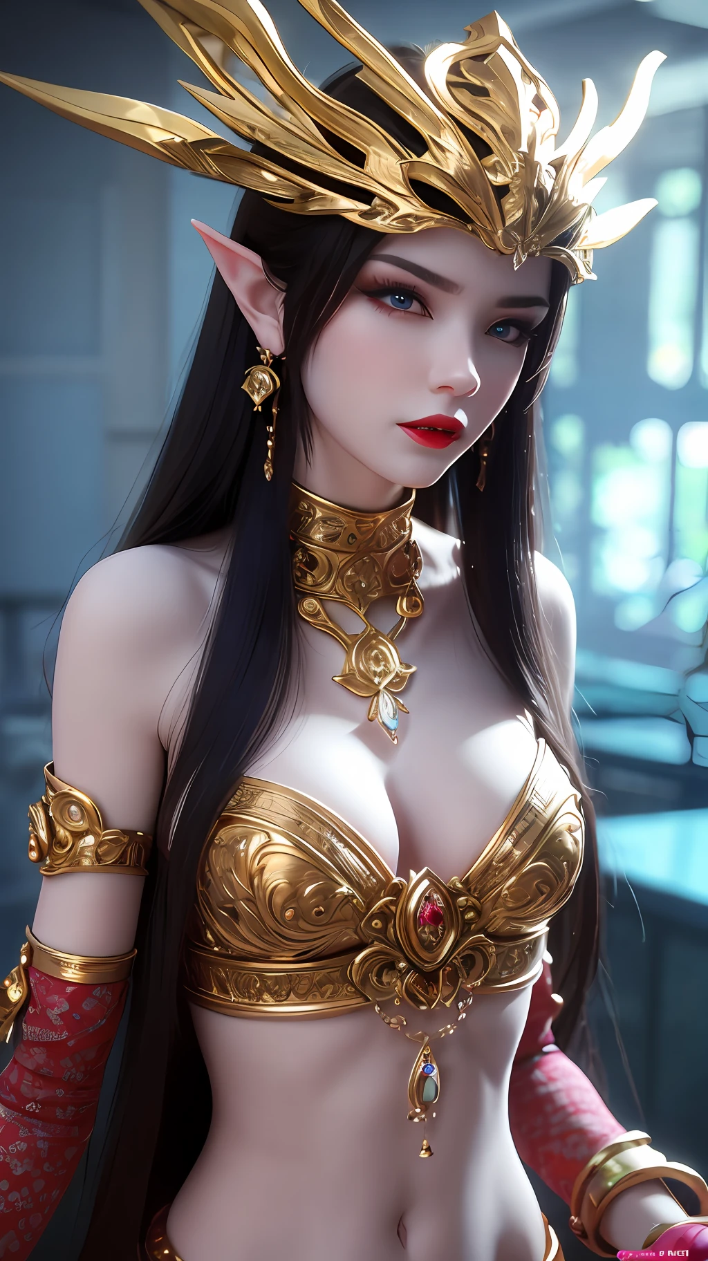 1girl, 3d, armlet, blue_background, blue_eyes, blurry, blurry_background, blurry_foreground, breasts, chromatic_aberration, depth_of_field, earrings, jewelry, lips, lipstick, long_hair, looking_at_viewer, makeup, medium_breasts, motion_blur, pointy_ears, red_lips, solo, very_long_hair