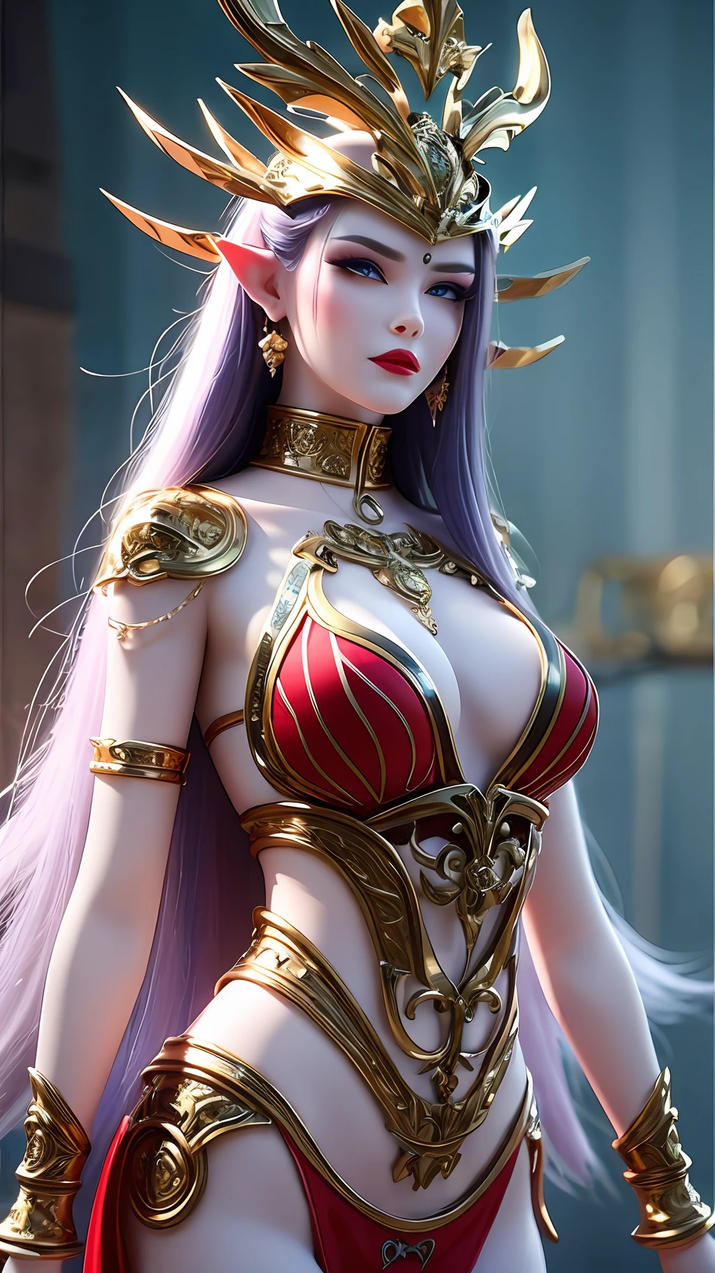 1girl, 3d, armlet, blue_background, blue_eyes, blurry, blurry_background, blurry_foreground, breasts, chromatic_aberration, depth_of_field, earrings, jewelry, lips, lipstick, long_hair, looking_at_viewer, makeup, medium_breasts, motion_blur, pointy_ears, red_lips, solo, very_long_hair