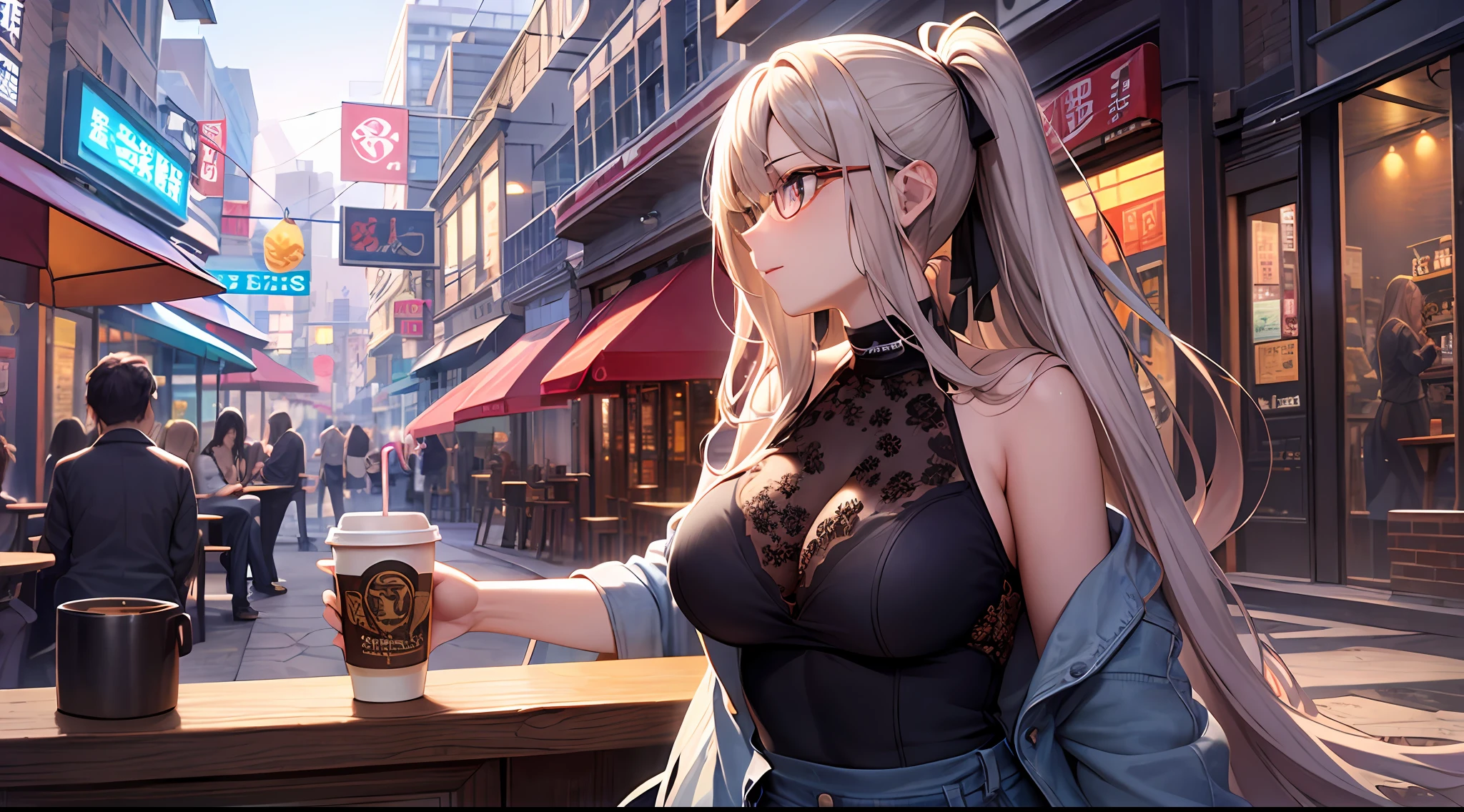 ((best qualtiy)), ((tmasterpiece)), (A detailed:1.4),((full bodyesbian)),Enhanced dynamic perspective,beautiful sexy girl,夏天,Denim long skirt,Sitting in a street coffee shop,drinking a coffee,kawa,(Lunette de soleil),Come to me,(Future sci-fi city street,Egg-shaped building),((Lateral face)),Street photography,Bright colors,nighttime scene,high qulity,super-fine,Detailed pubic hair,Accurate,Cinematic lighting,