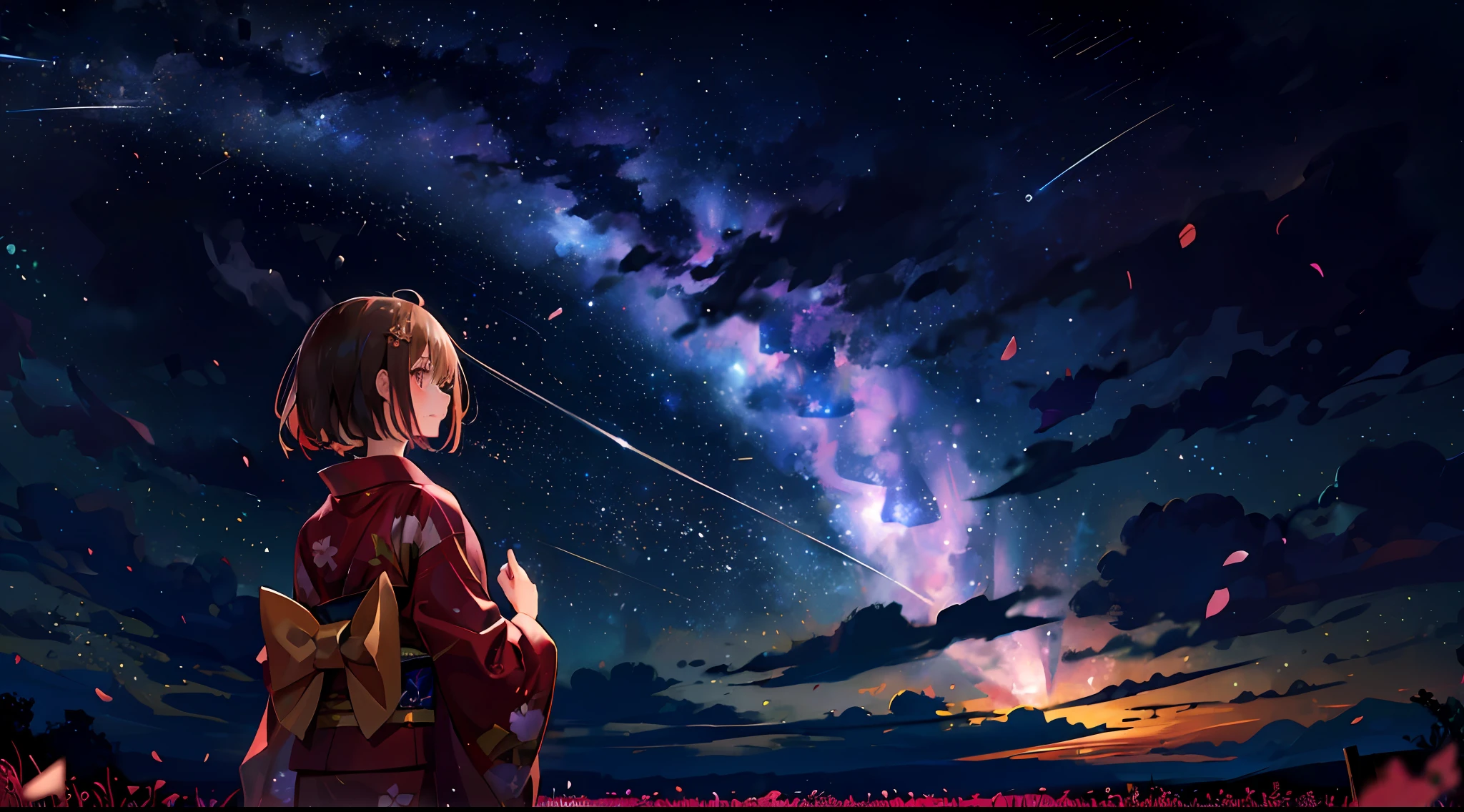 One, distant girl in kimono staring at the stars (reduced: 1.1), (meteor shower: 1.2), (comet: 1.1), your name, low angle, from behind, arrow labrealis shooting star, yukata, red kimono, cherry blossoms, highest quality standing in the field, masterpiece, clouds, colorful, starry sky, stars,