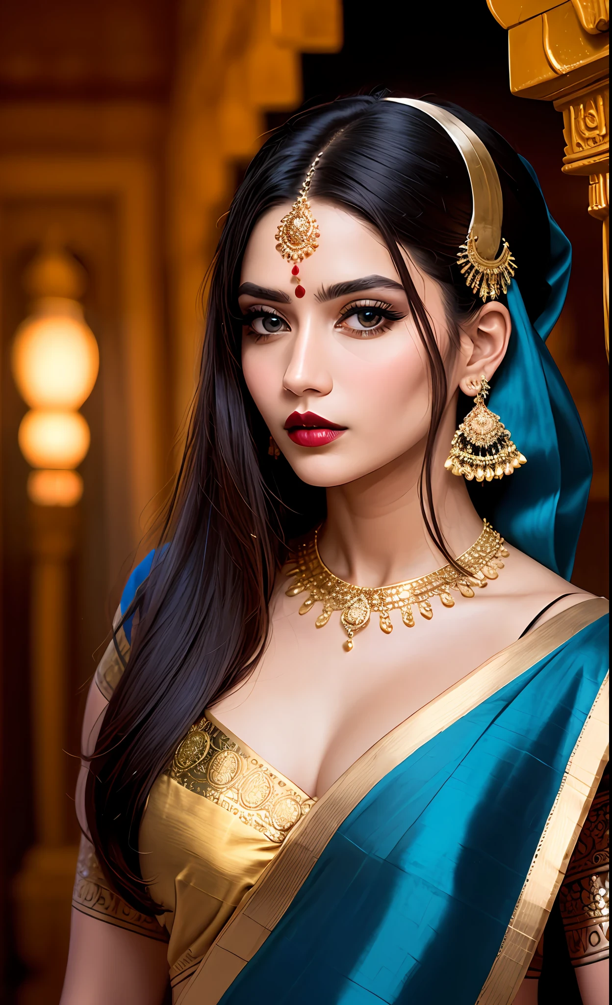 close-up RAW Portrait shot, photograph, androgynous human, oval jaw, delicate features, beautiful face, dark hair, (big bun:0.7), long bangs, hairband, long ponytail, bright blue-green eyes, (royal blue silk sari:1.4), 25yo stunning beautiful woman, (golden luxurious diadem with intricate details, gem:1.3), intricate details, skin texture, natural skin pores, dark dramatic studio lighting, cinematic shot,tan, dark olive skin, symetrical face, lascivious looking at viewer, parted lips, full lips, smokey eyes, bun pillow, elaborate hairstyle, dark lips, standing inside a hindu temple mith intricate ornament