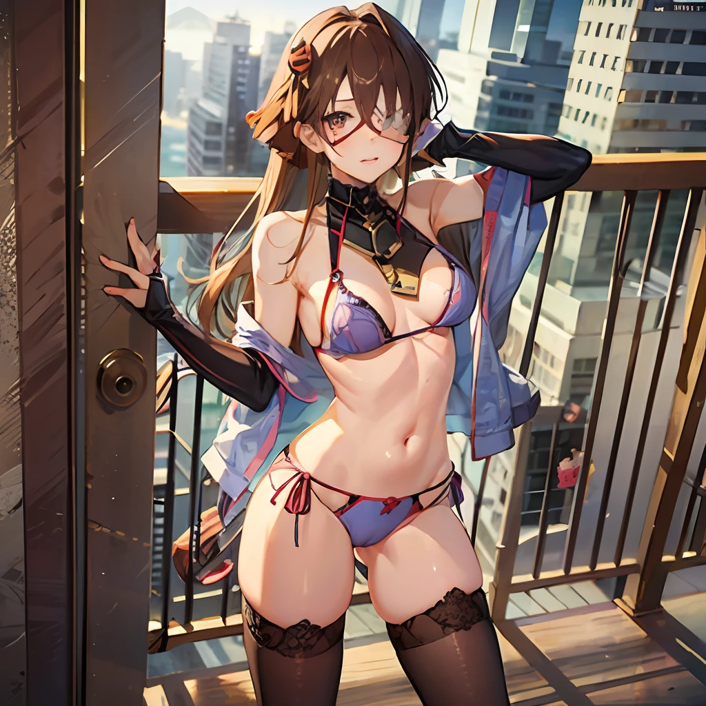 A red underwear worn by Asuka with brown hair，The left eye wears an eye patch and leans against the railing, making a very sexy motion