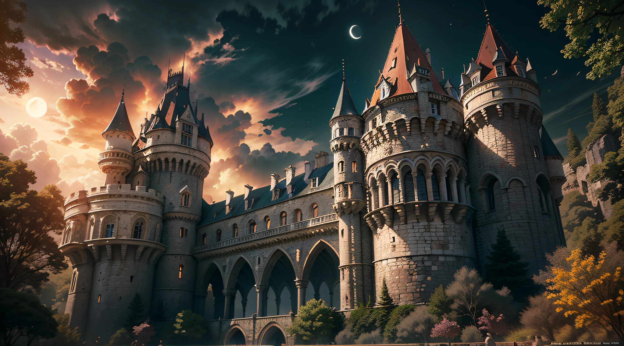Castle. Medieval terror fantasy. Epic Reality, (HDR: 1.4), Dappled Sun, Cool Colors, Fantastic Incredible, Epic Composition, (Intricate Details), (Intricate Details, Hyper Details: 1.2), Dynamic ilumination, Volumetric clouds, dynamic shadows, Art Station, (Masterpiece, Best Quality), Night, moon