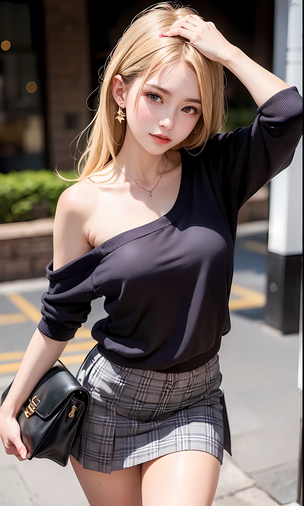 (8K、RAW Photos、Photorealsitic:1.4)、(eye line、eyeshadows、lipgloss、Eye lashes、Shiny face、shinny skin、best qualtiy、超A high resolution、depth of fields、chromatic abberation、Caustics、Wide range of lighting、Natural Shading、Viewers look at calm and euphoria、Perfect Anatomy、Sharp Focus、1 girl in、20yr old、Cute face、 （blond Long Hair）、thin lips、（Bigchest）、（Big breasts 1.5）、Narrow waist、Small waist、（(Put your hands behind your head to hide 1.3)）、（Plaid collared shirt）、（Micro Mini Skirt）、（Undersized brown shoulder bag）、（Photo above the knee）、