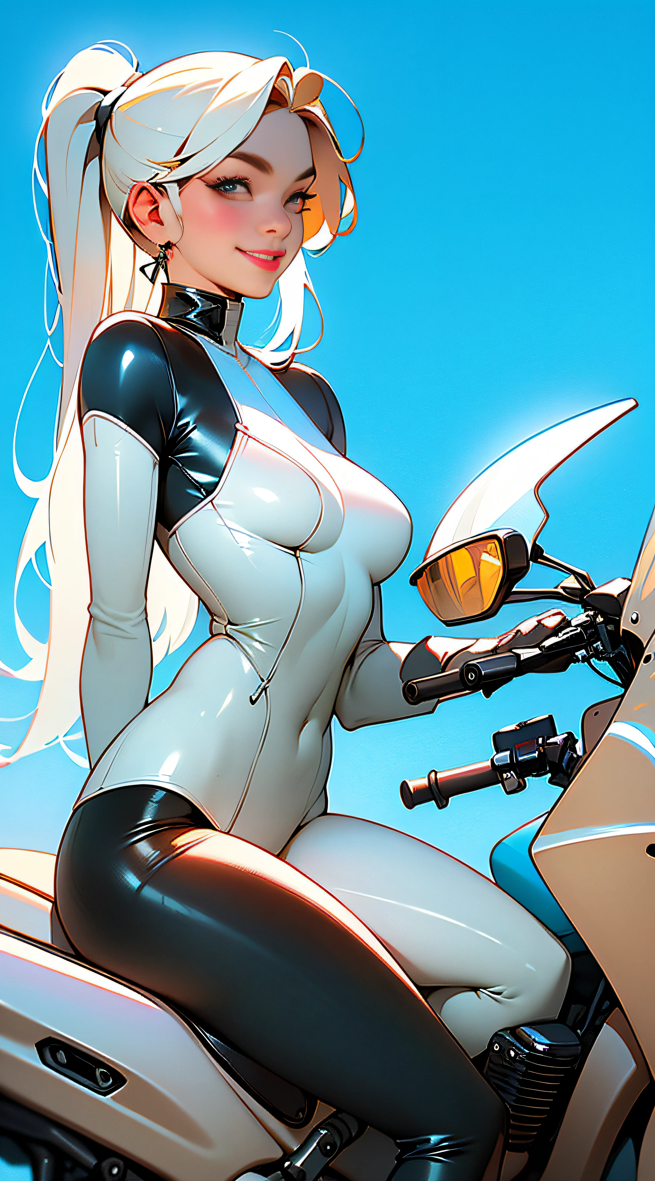 masterpiece, (masterpiece, top quality, best quality),1girl, solo, bodysuit, breasts, long hair, white background, smile, simple background, medium breasts, helmet, looking at viewer, skin tight, sitting, lips, blue bodysuit, motorcycle, black gloves, gloves