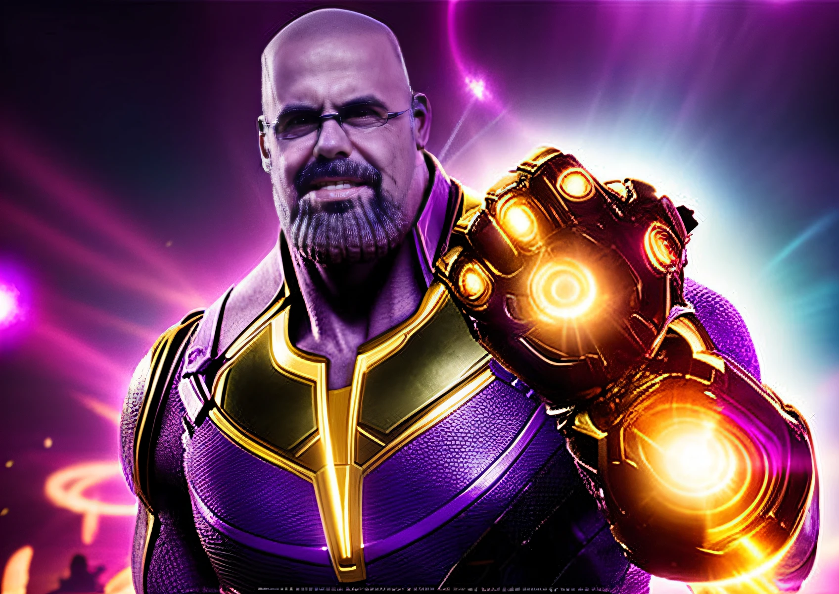 Thanos segura uma Manopla do Infinito com luzes brilhantes, Thanos style strokes, dressed in his iconic armor and wearing all the Infinity Stones.