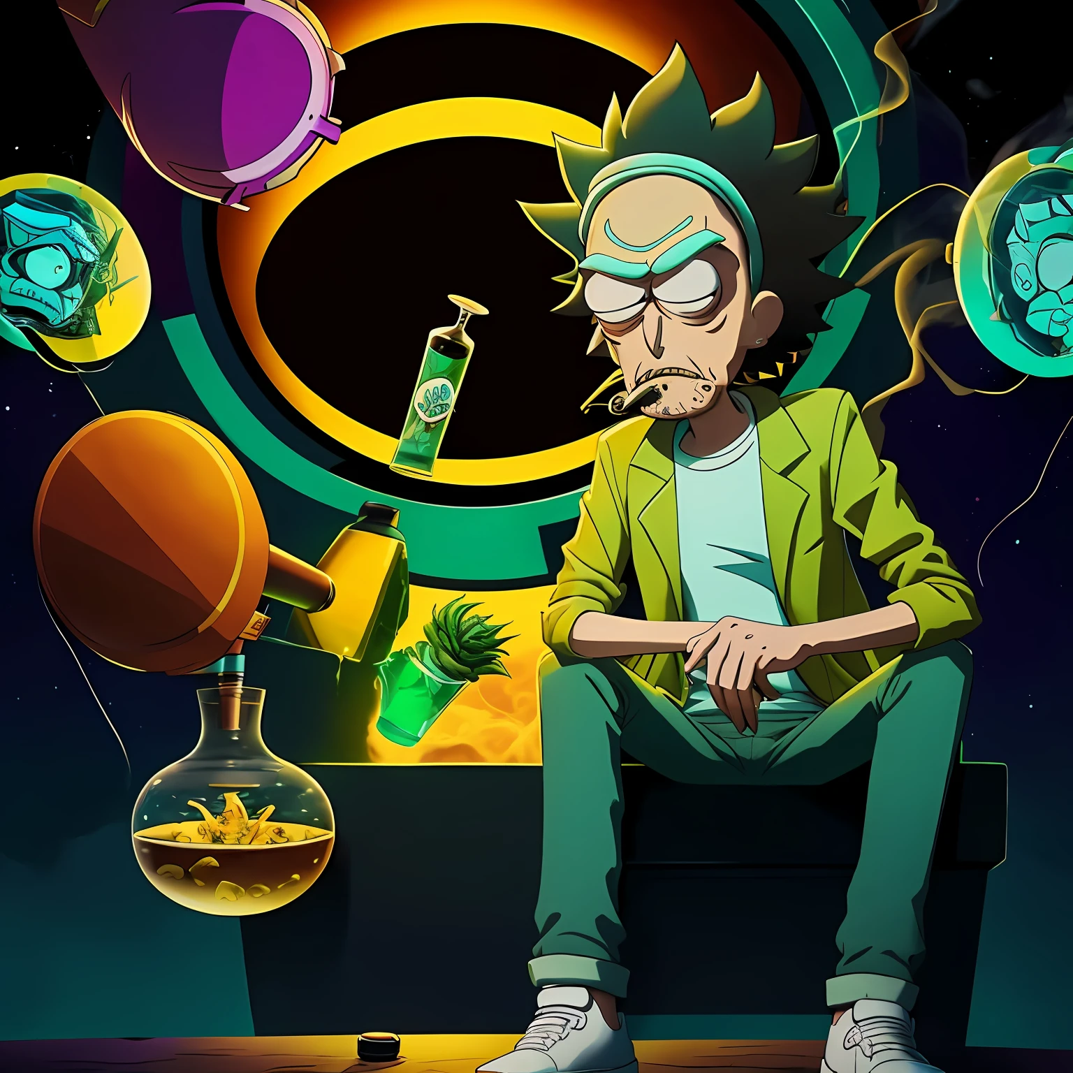 rick e morty fumando maconha em um bong soltando Mique Willmott estilo , apenas um personagem, fundo preto