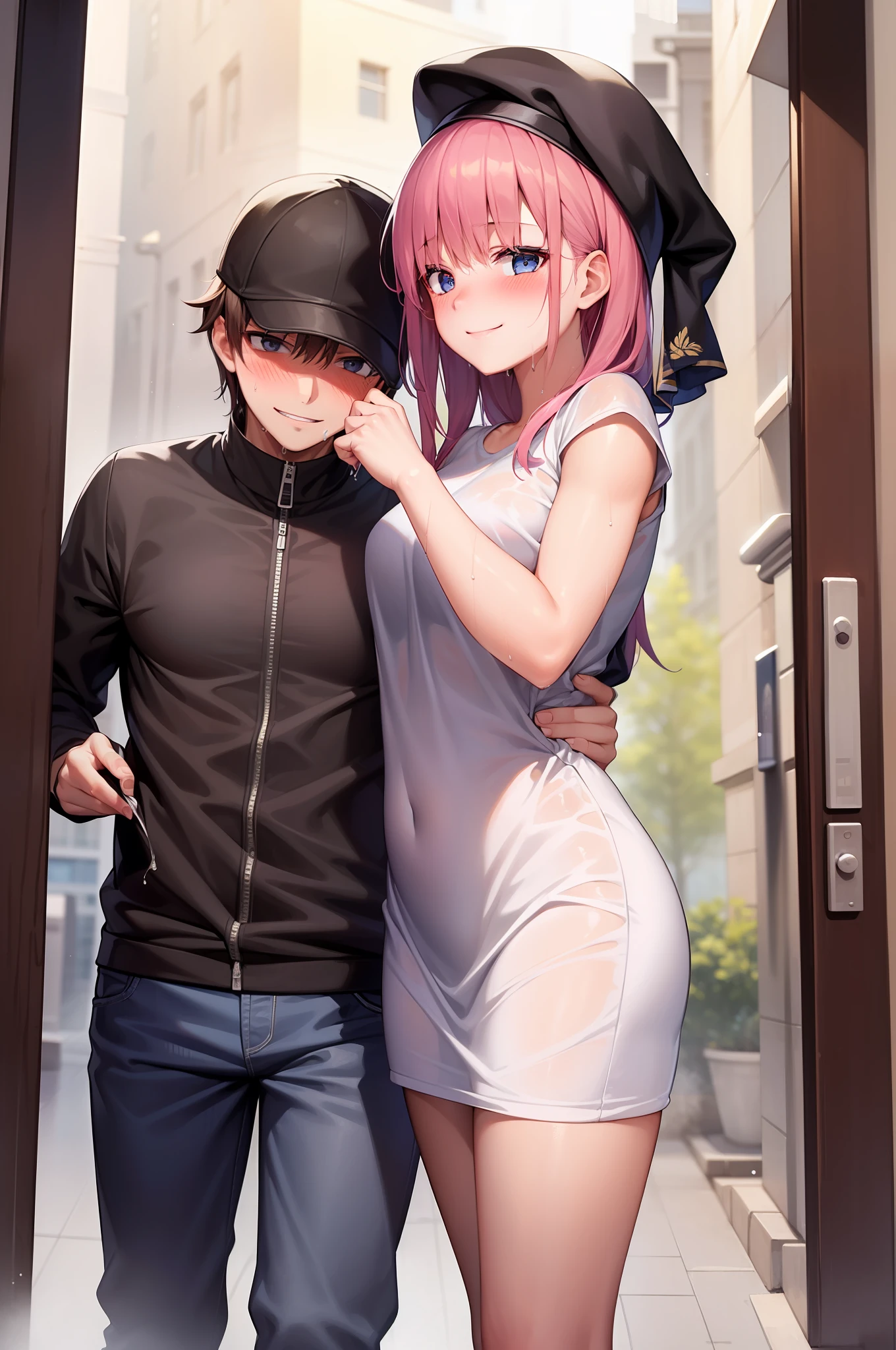 1girl, wet, wet clothes, standing, looking at viewer,((embarrassed, smiling, blushing:1.2)) muscular man