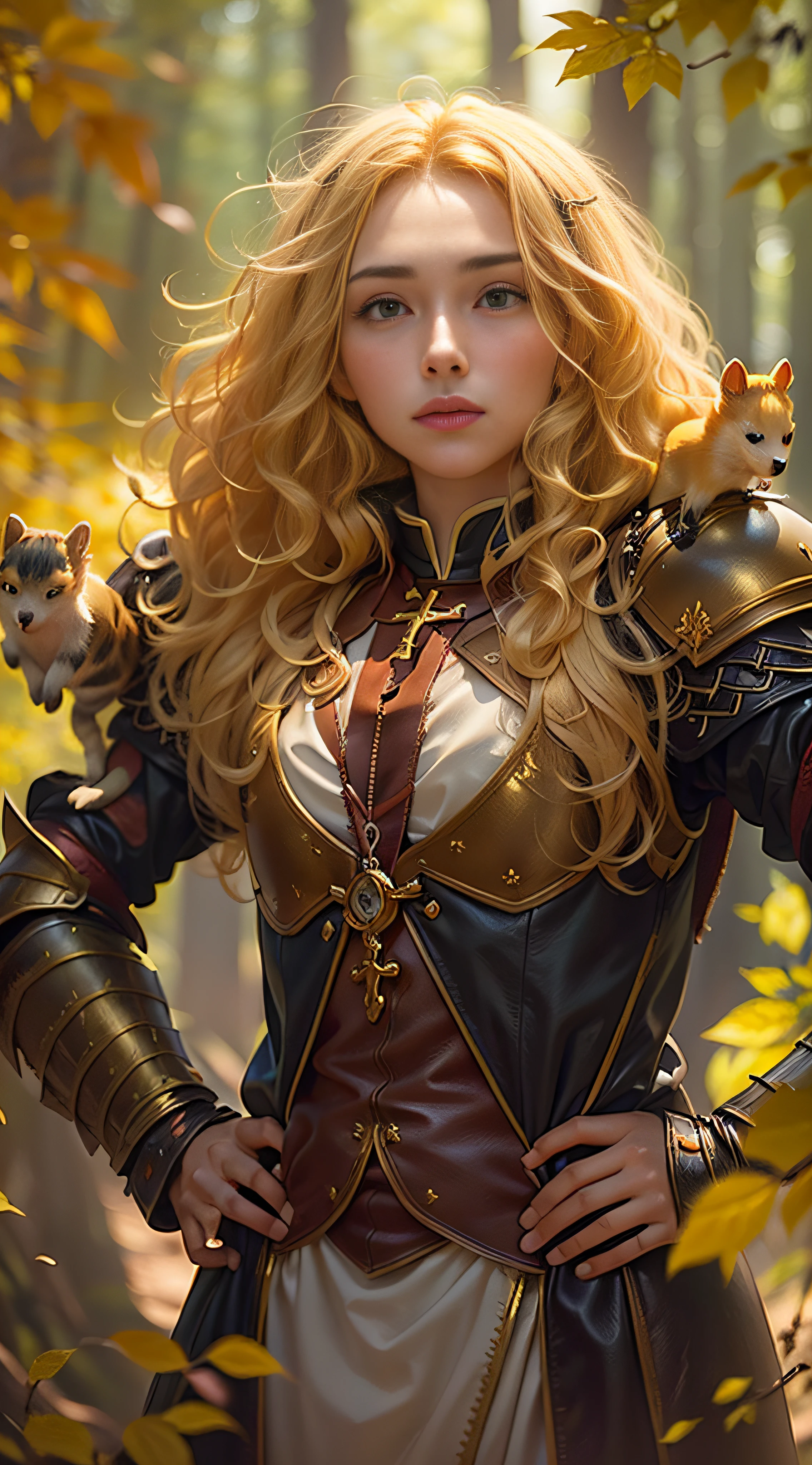 attractive human girl with (wavy glowing golden hair:1.4) and hazel eyes, (wearing vestments over leather armor:1.5), standing in a forest clearing, (a small animal spirit is hovering around her head:1.6)