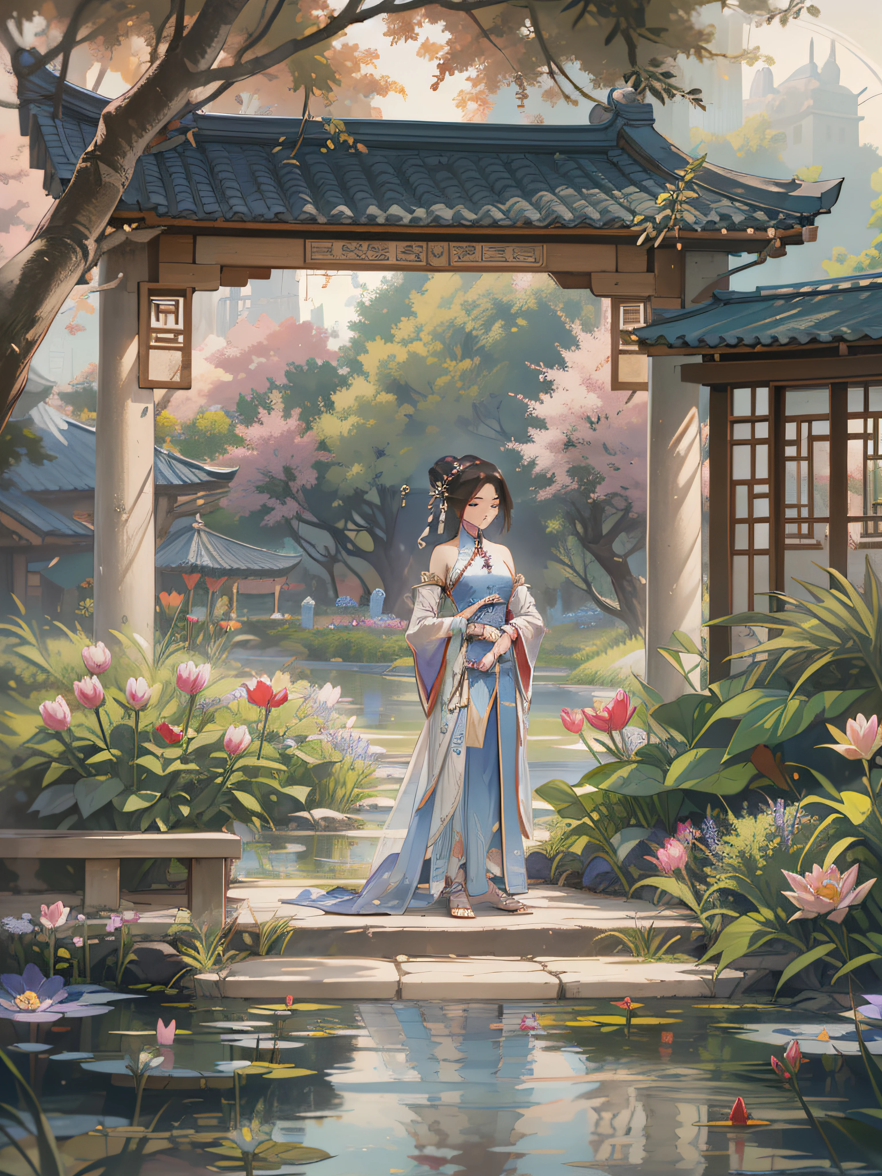 (((tmasterpiece))), Best picture quality，hyper HD，Ancient China，West lake，ponds，Pavilion，lotuses，At the entrance of the courtyard，A woman who is，Chinese Ancient Times，Noble，Elegance