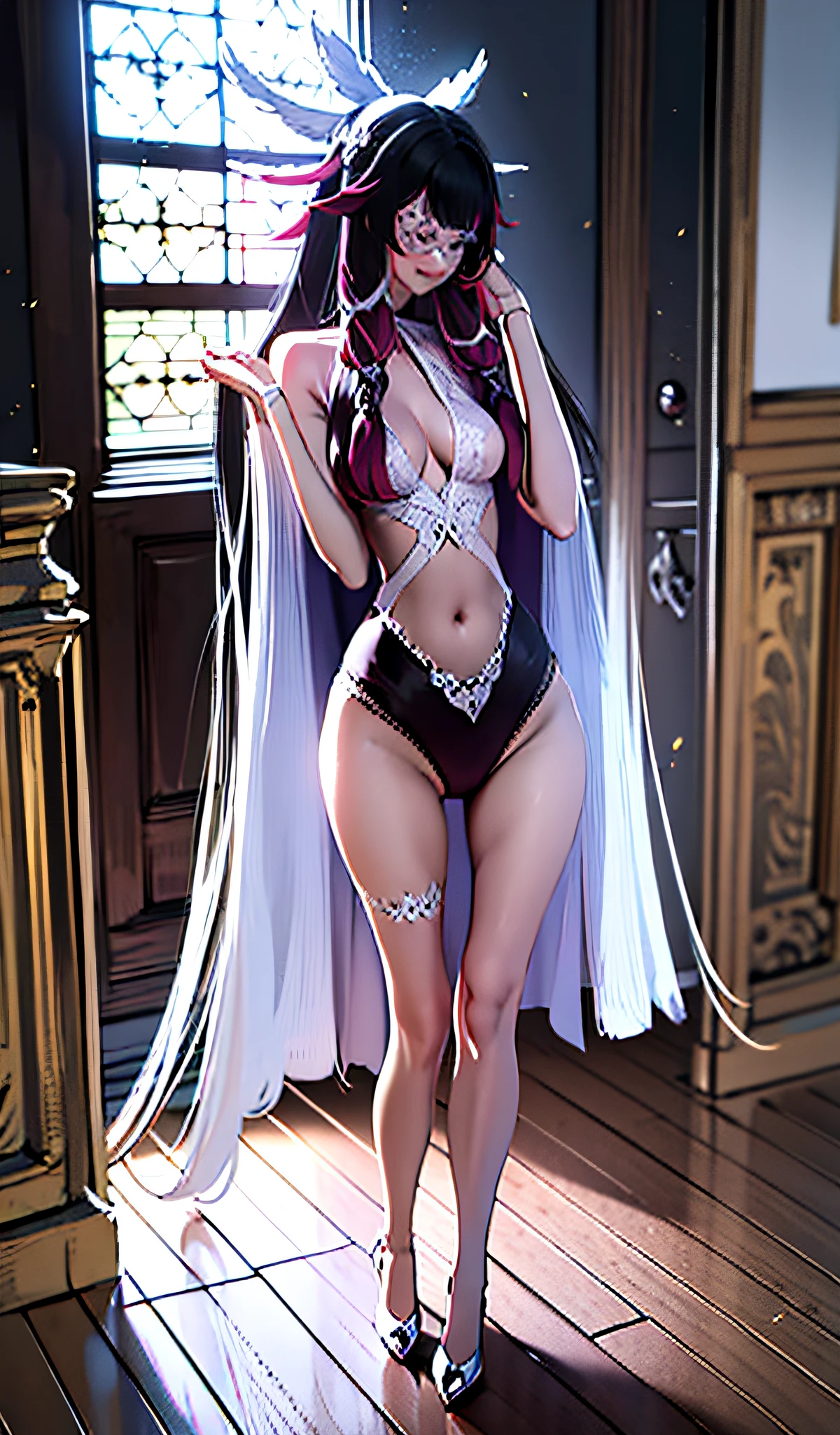 ((tmasterpiece,best qualtiy)),perfect detail,Unity 8k壁纸,offcial art,Genshin Impact,Young and beautiful girl,独奏 , flatchest,shiny skins,Gorgeous Hair in Long Purple,Exquisite Hair,Short smile,eye closeds,Keep your eyes closed,((White grid-like veil)),A shy expression , sexyposture,(Perfect Finger),seduce,seductiv,standing on your feet,In the background is a fantastic church,As estrelas,themoon,thin fog,rim-light,Realistic light and shadow,closeup cleavage, Head wings, White silk long legs, Beth, Pointy ears