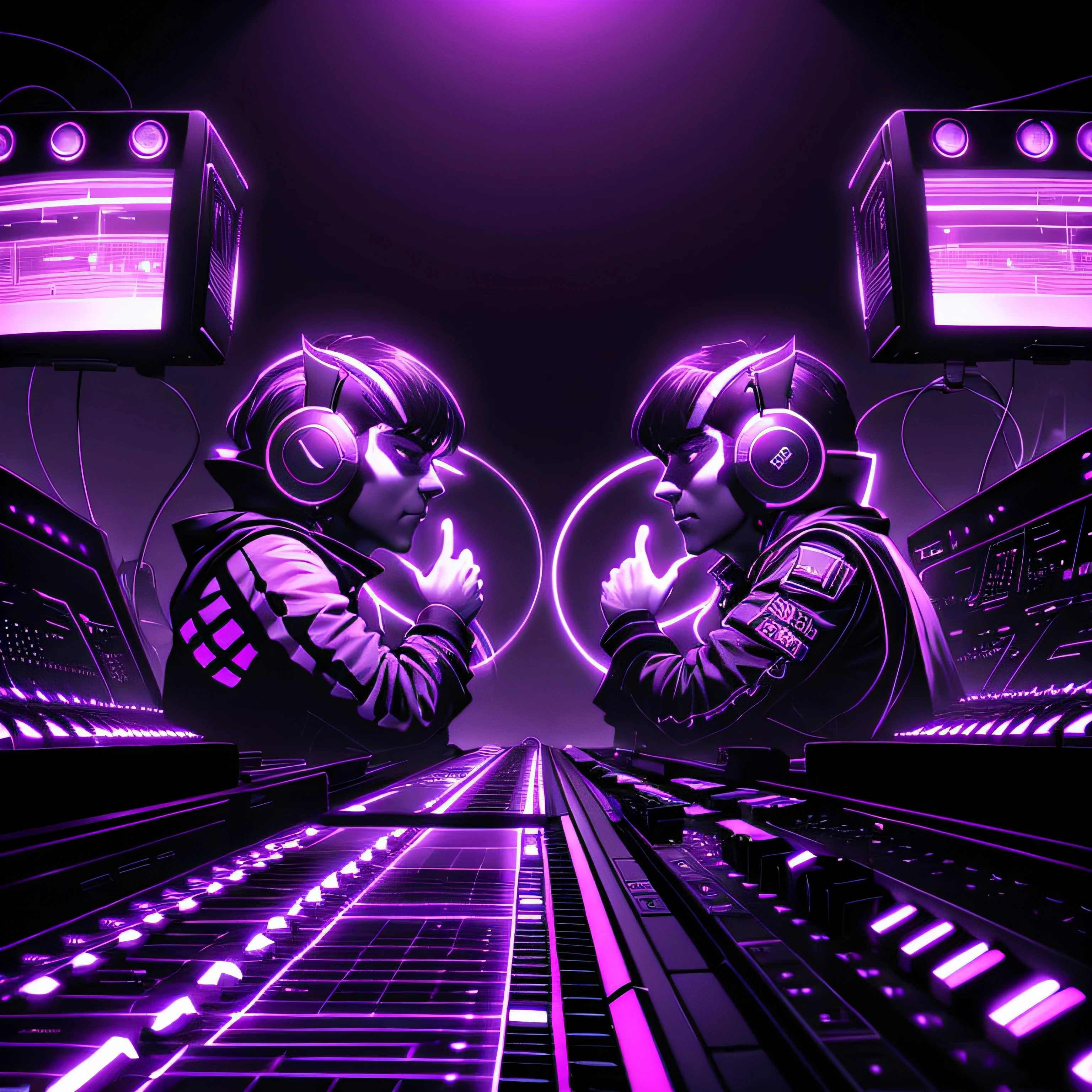 just the two of synthesizer bass keyboards facing each other in simple shades of EDM across a smokey space --auto