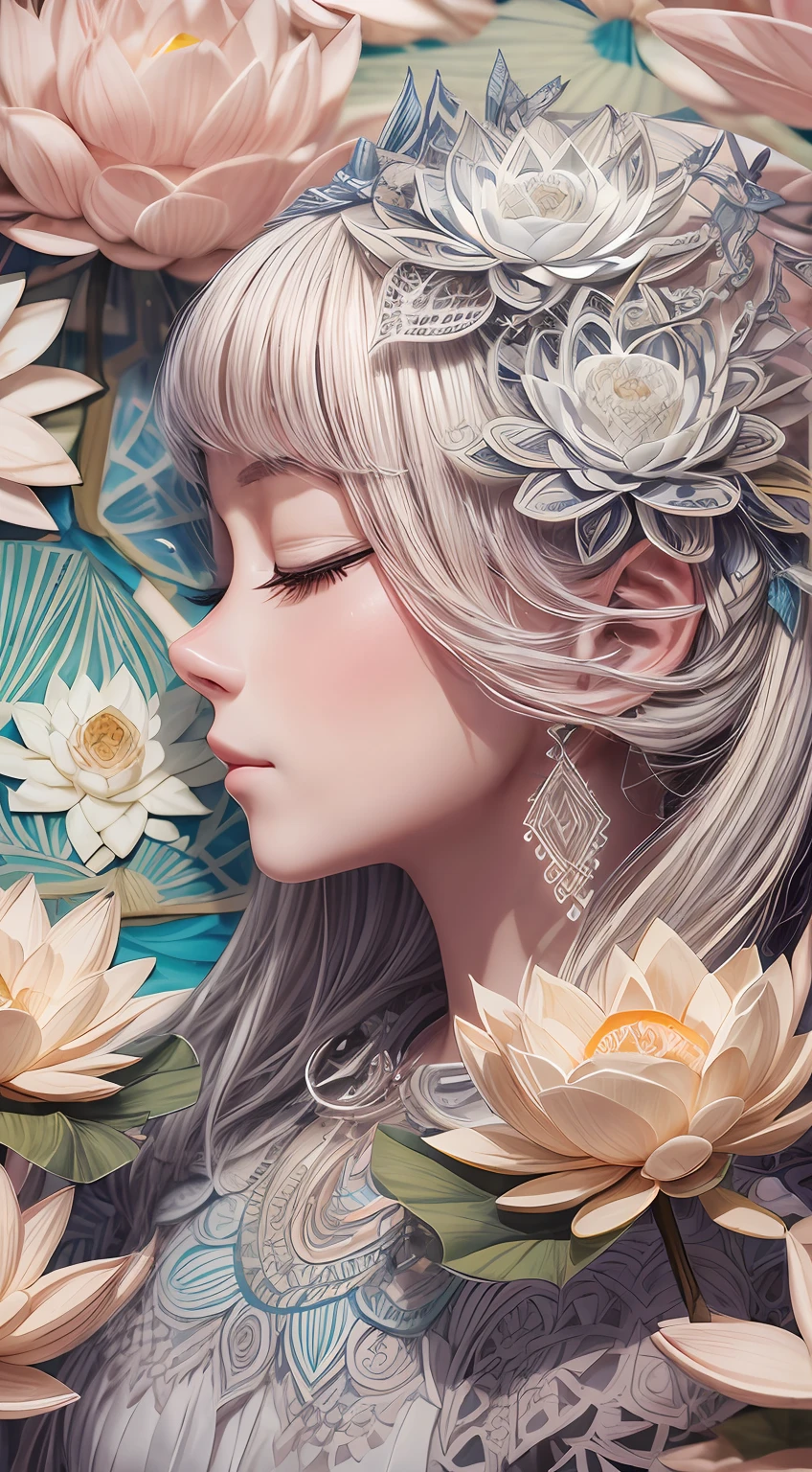 (illustration:1.3),paper art, zentangle，3D rendering，blue background，Spring，(Beauty side face,close eyes:1.3)，(White lotus:1.2), Colorful, Best quality, Detailed details, Masterpiece, offcial art, Cinematic lighting effects, 4K,