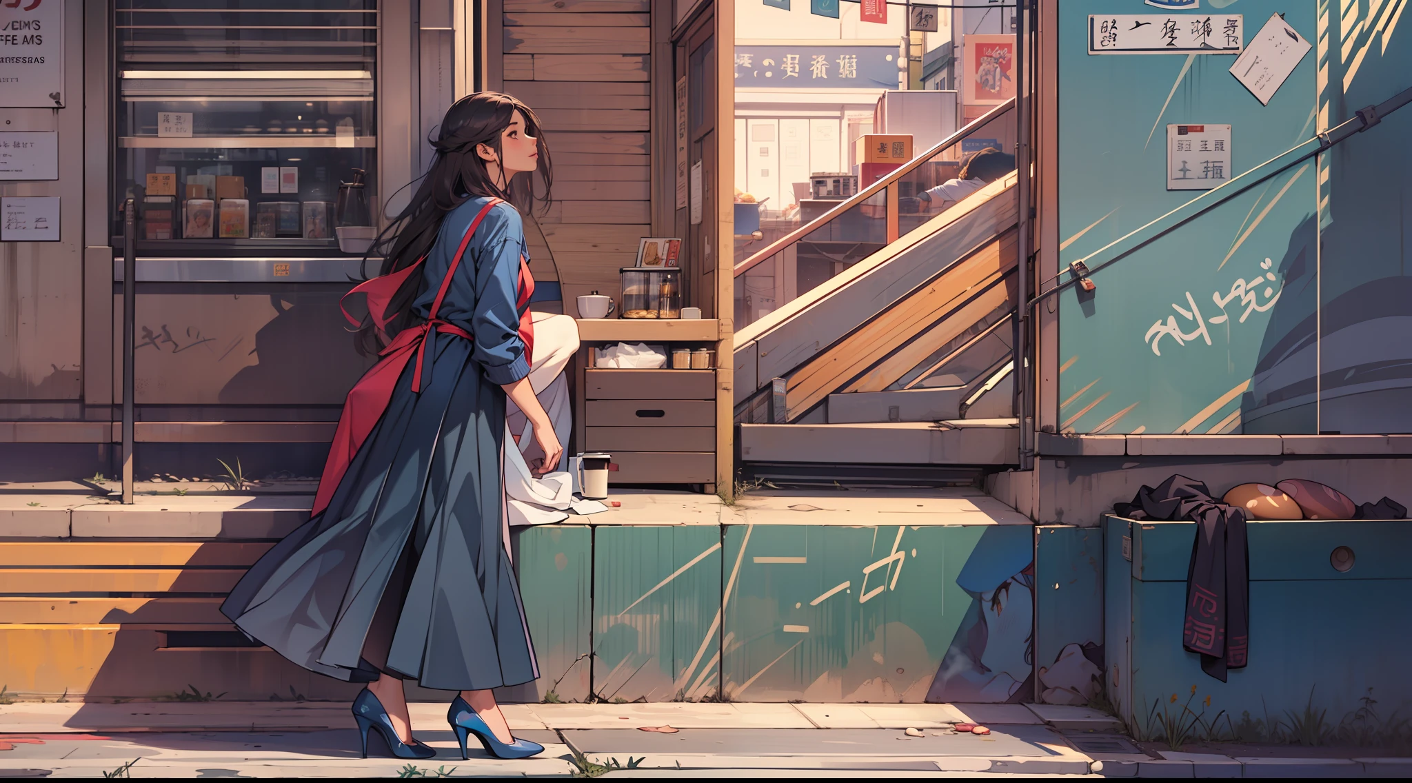 （（best qualtiy））， （（tmasterpiece））， （A detailed：1.4），（（full bodyesbian）），Enhanced dynamic perspective，beautiful sexy girl，夏天，Denim long skirt，，Lateral face，high-heels，Cool dragging，（Lunette de soleil），Come to me，（Future sci-fi city street，Egg-shaped building），（Sitting on a coffee stall on the side of the street drinking coffee），（（Lateral face）），Street photography，Bright colors，nighttime scene，high qulity，super-fine，Detailed pubic hair，Accurate，Cinematic lighting，