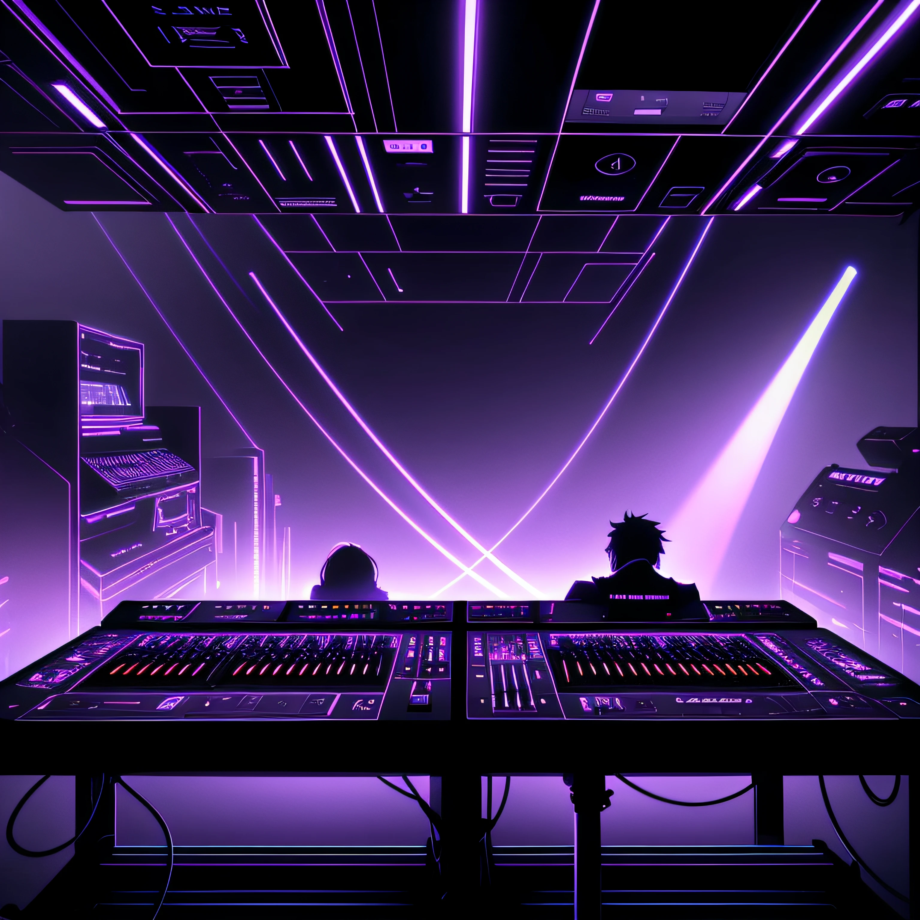 just the two of synthesizer bass keyboards facing each other in simple shades of EDM across a smokey space --auto