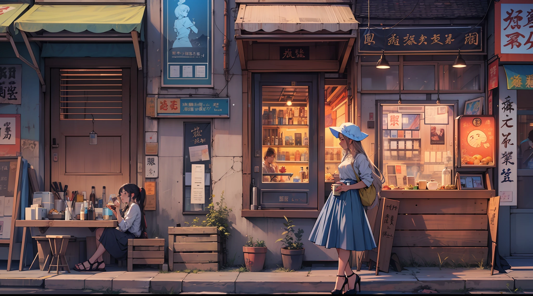 （（best qualtiy））， （（tmasterpiece））， （A detailed：1.4），（（full bodyesbian）），Enhanced dynamic perspective，beautiful sexy girl，夏天，Denim long skirt，，Lateral face，high-heels，Cool dragging，（Lunette de soleil），Come to me，（Future sci-fi city street，Egg-shaped building），（Sitting on a coffee stall on the side of the street drinking coffee），（（Lateral face）），Street photography，Bright colors，nighttime scene，high qulity，super-fine，Detailed pubic hair，Accurate，Cinematic lighting，