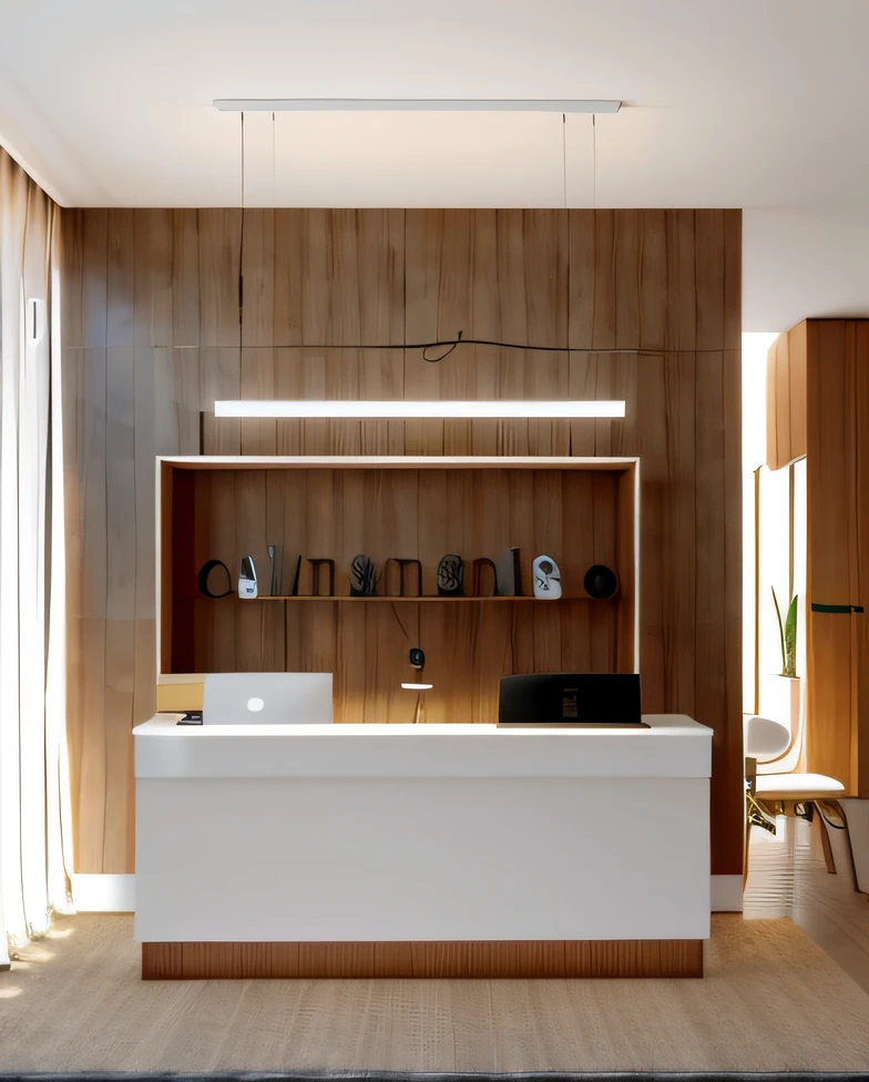 Drawing of a reception area with a frame and a lamp on, Reception desk in light freijó wood, ambiente calmo, tons claros, estilo corporativo, office, imagem central, luz entrando pela janela, cortinas na janela, volumetric, calmo, sereno, relaxado;, detail render, atmosfera calma, meia imagem, concept illustartion, commercial illustration, 2 d render, render, vray, relismo, alto realismo, teto de gesso cadeiras ao fundo.