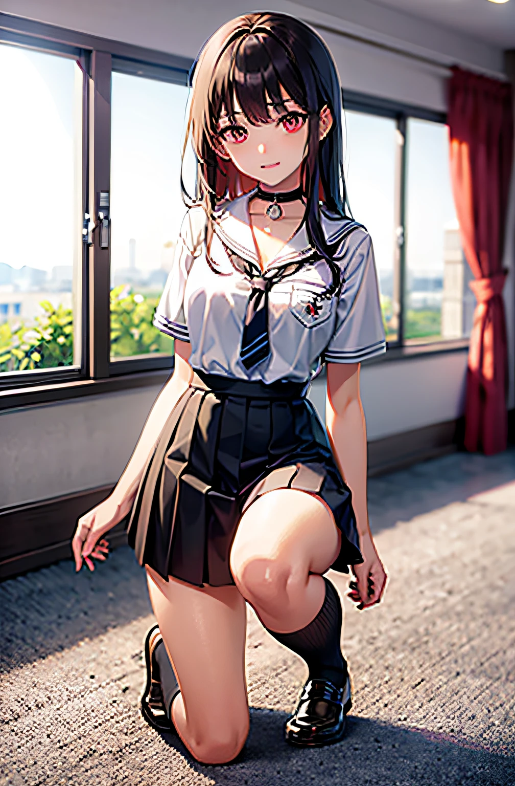 best quality, ultra high res, 1girl, school uniform, black skirt, black choker, cute,  (aegyo sal:1), (black hair:1), ((puffy eyes)), looking at viewer, full body, facing front, bright red eyes, in school