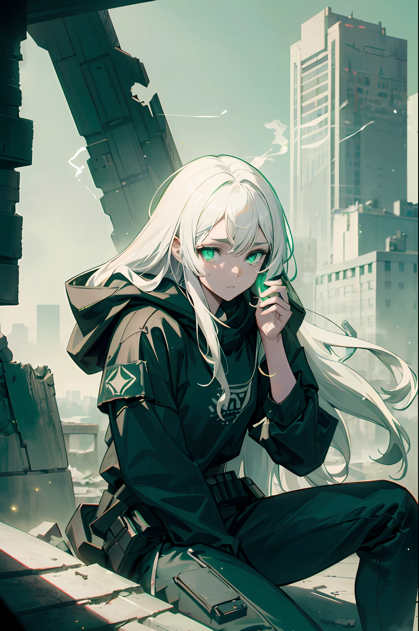 Smoke, (war:1.5), postapocalypse, ((Green Dawn:1.3)), Green sky, green light, The ruined backdrop of the city, ((spaceship in the sky)), science-fiction, (shapely body: 1.4), a 1girl, sitting on the rubble of a building, (Long white hair:1.4), (Cyan eyes), Detailed eyes and face, Black pants, black big sweatshirt, hood, Cyberpunk clothes, (clothes in black and white colors), black cloak, city   of the future, Sad look, bruises under the eyes, Destroyed skyscrapers, Wire, HDR (High Dynamic Range), ray traced, NVIDIA RTX, Over-resolution, Unreal 5, sub-surface Scattering, текстурирование PBR, postprocessed, Anisotropic filtering, Depth of field, Maximum clarity and sharpness, Multi-layer Textures, Albedo and specular maps, Surface shading,  Accurate Light-Material Interaction Simulation, Octane rendering, duotone lighting, Low ISO, White balance, the rule of thirds, Wide aperture, 8K RAW, efficient sub-pixel, sub-pixel convolution, (luminescent particles: 1.4), {{tmasterpiece, beste-Qualit, extremely detailed CGI, Unity 8k壁纸, 3d, 电影灯光, lens flares}},