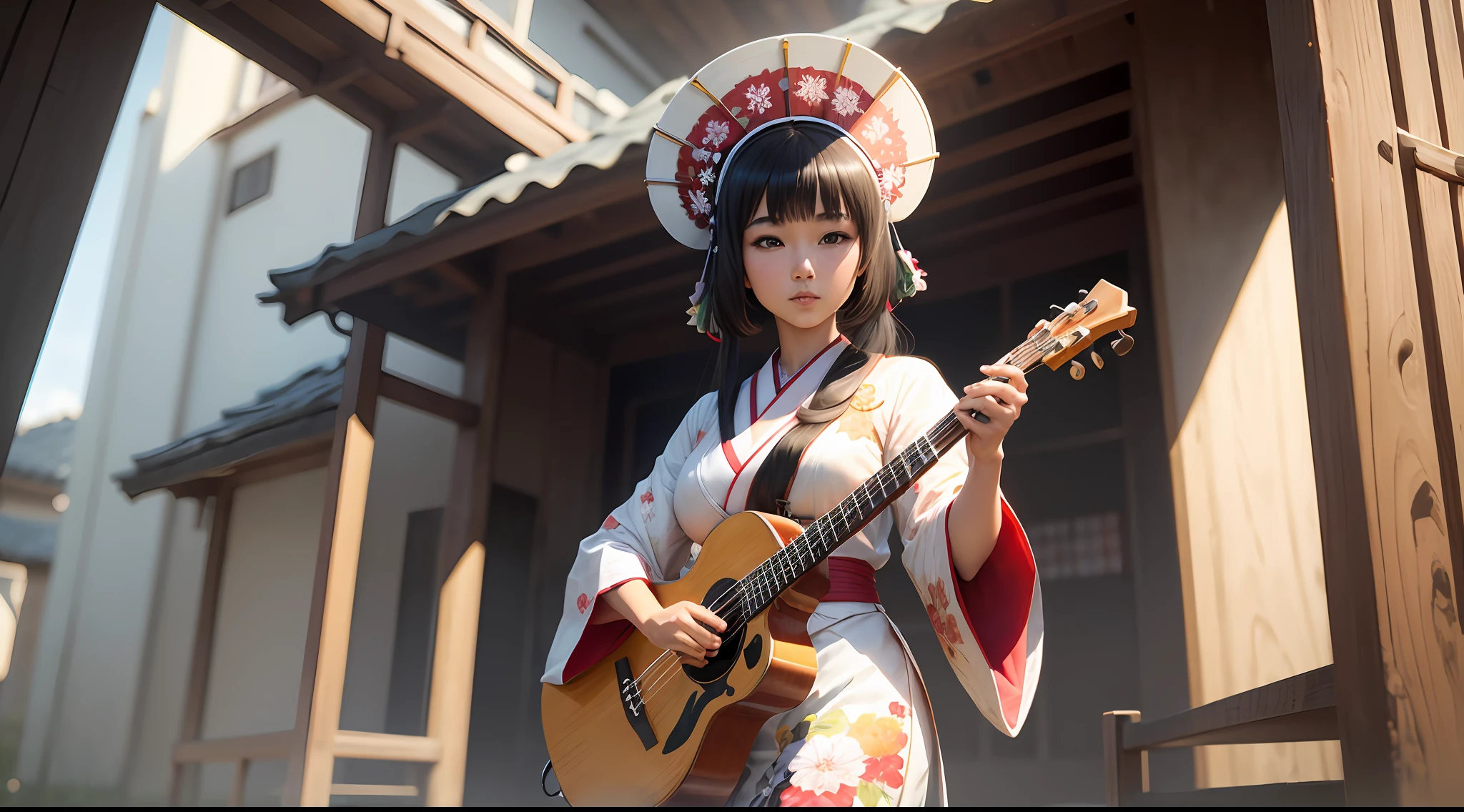 ((melhor qualidade)), ((obra-prima)), (altamente detalhado:1.3) a beautiful young Japanese woman, vestida com seu tradicional kimono, tocando saxsofone, Anime estilo 3D --auto