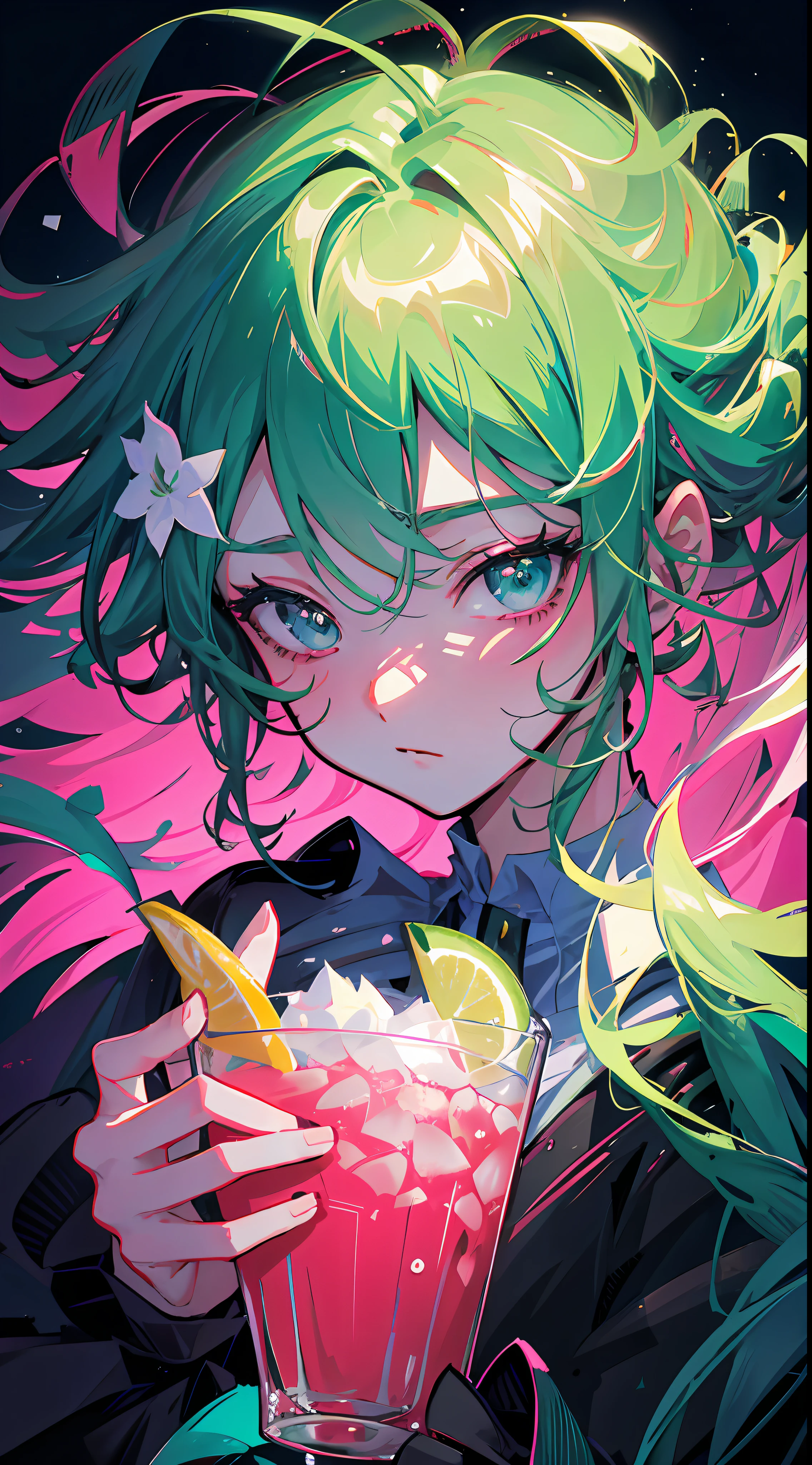 This is a close-up shot showing a female anime character holding a drink. The palette of pink and green is used to create a vibrant yet bleak atmosphere. The drink held by this character is lime-themed with a sharp thrill. The whole picture presents beautiful color art! But there is some hostility and malice in it, and he may have the qualities of a "celery woman", a style common in comics. The entire frame may be in a super vivid color scheme to enhance the visual impact. She has a wavy hairstyle that gives a sense of movement and tension. This style may have come from a Korean artist. Finally, there may be a bloody scene in the picture, adding some tension and drama. Anime girl with green hair holding drink and lime, anime style 4 K, anime moe art style, 2 D anime style, detailed digital anime art style, high quality anime art style, anime art wallpaper 4k, anime wallpaper 4k, anime girl